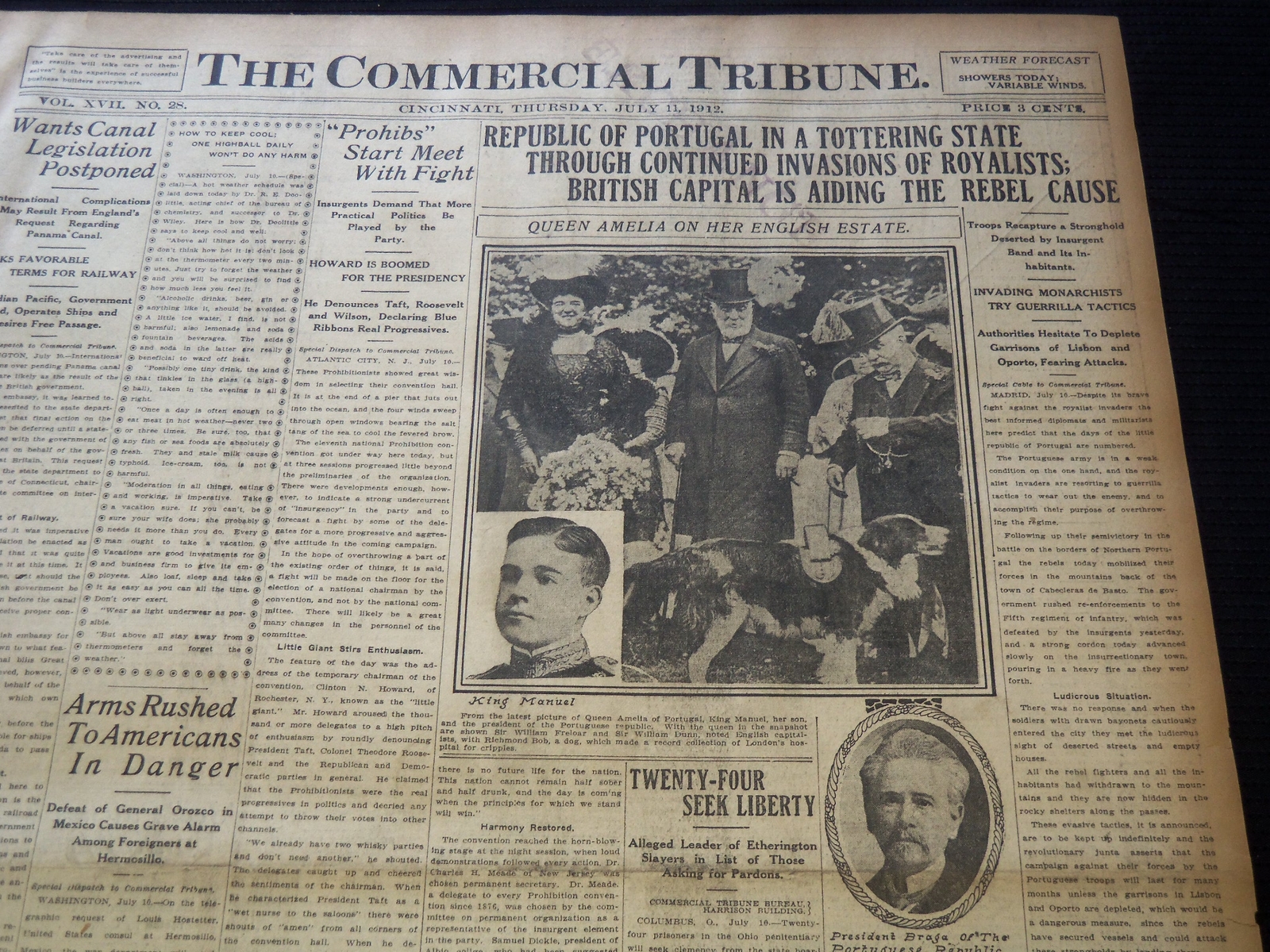 1912 JULY 11 COMMERCIAL TRIBUNE NEWSPAPER – PORTUGAL IN TOTTERING STATE- NT 9418