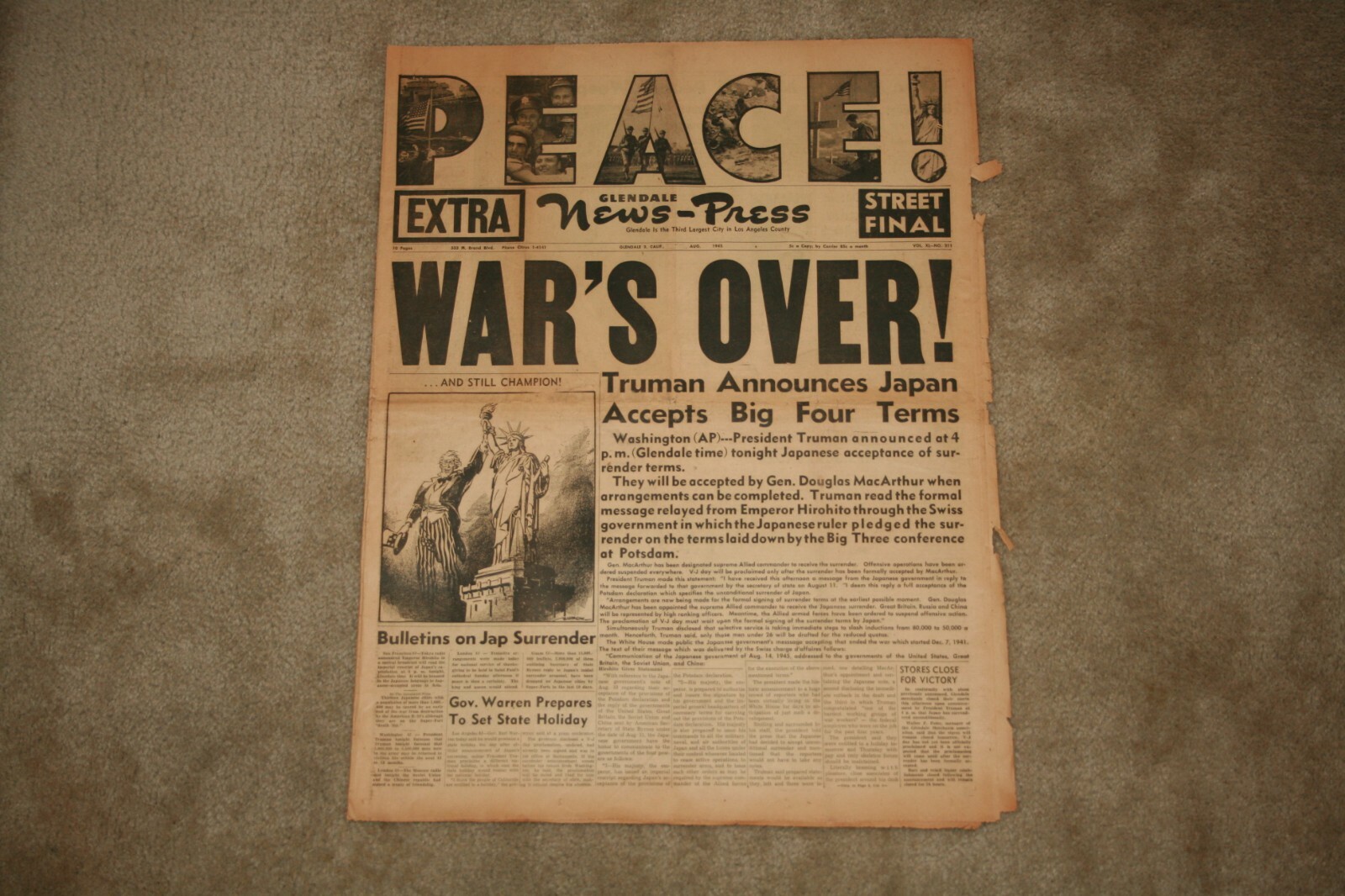 Glendale News-Press August 1945 Extra * PEACE! – WAR’S OVER! * Japan Surrenders