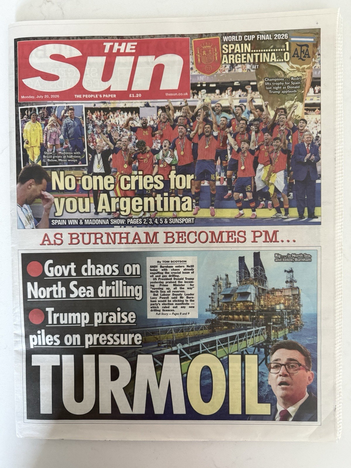 SPAIN ARGENTINA WORLD CUP FINAL MADONNA UK SUN NEWSPAPER JULY 2026