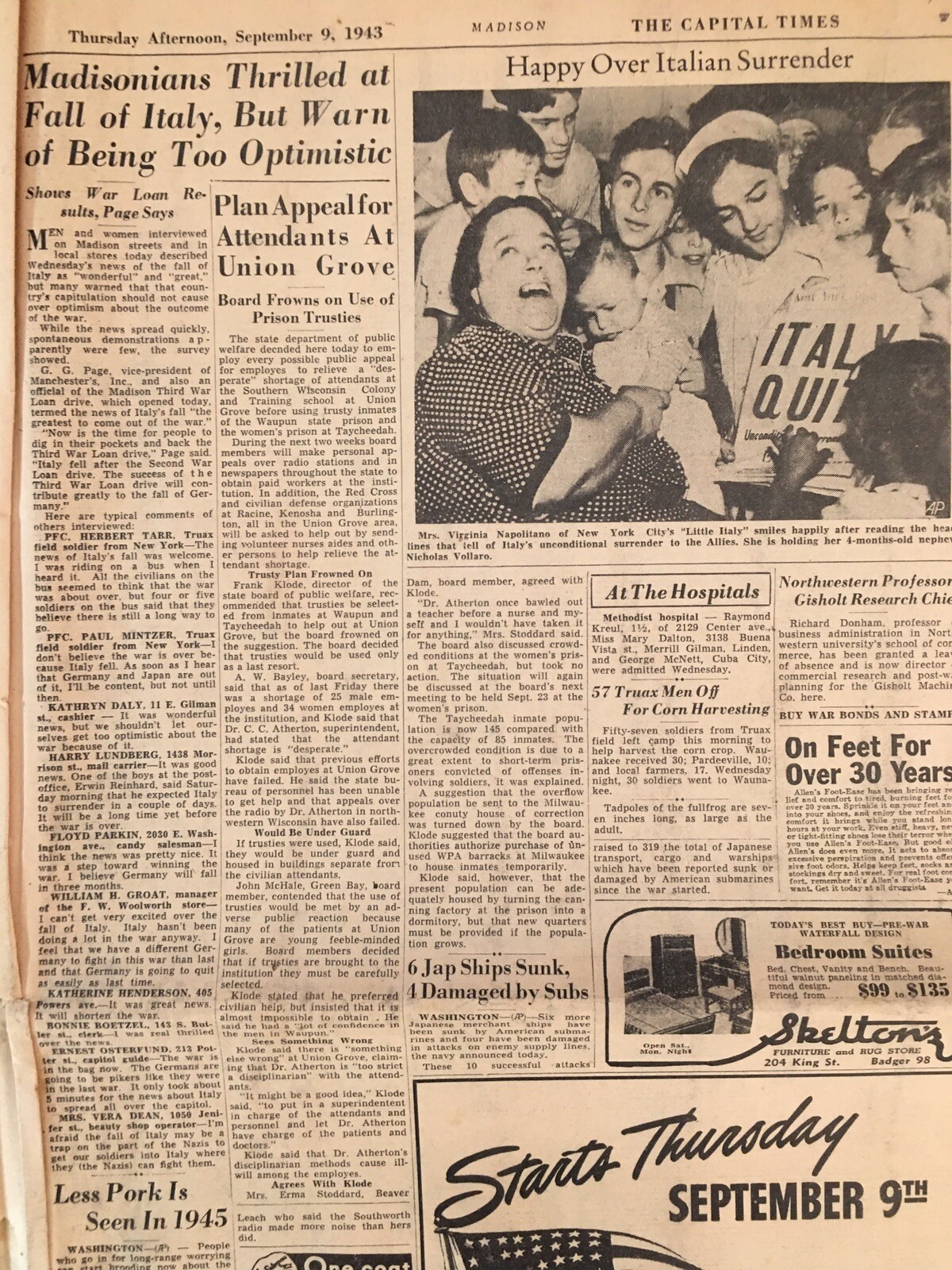 WWII Italy Quits-Invasion Naples 1943 Madison WI Dane County War Bond