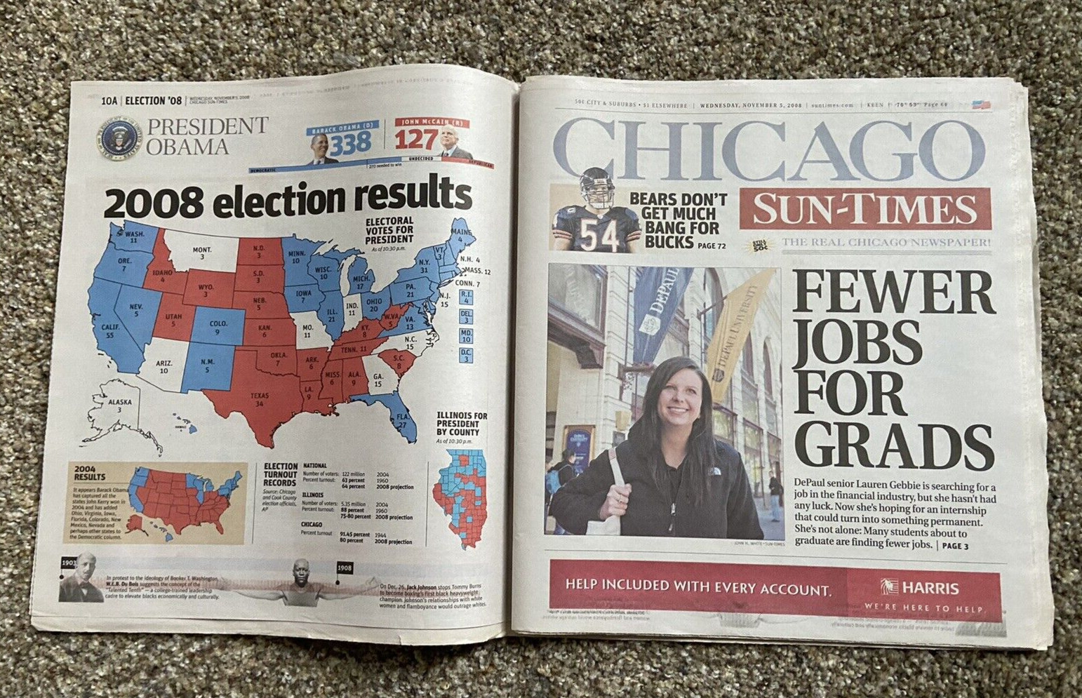 NOVEMBER 5, 2008 CHICAGO SUN TIMES BARACK OBAMA ELECTION ORIGINAL NEWSPAPER