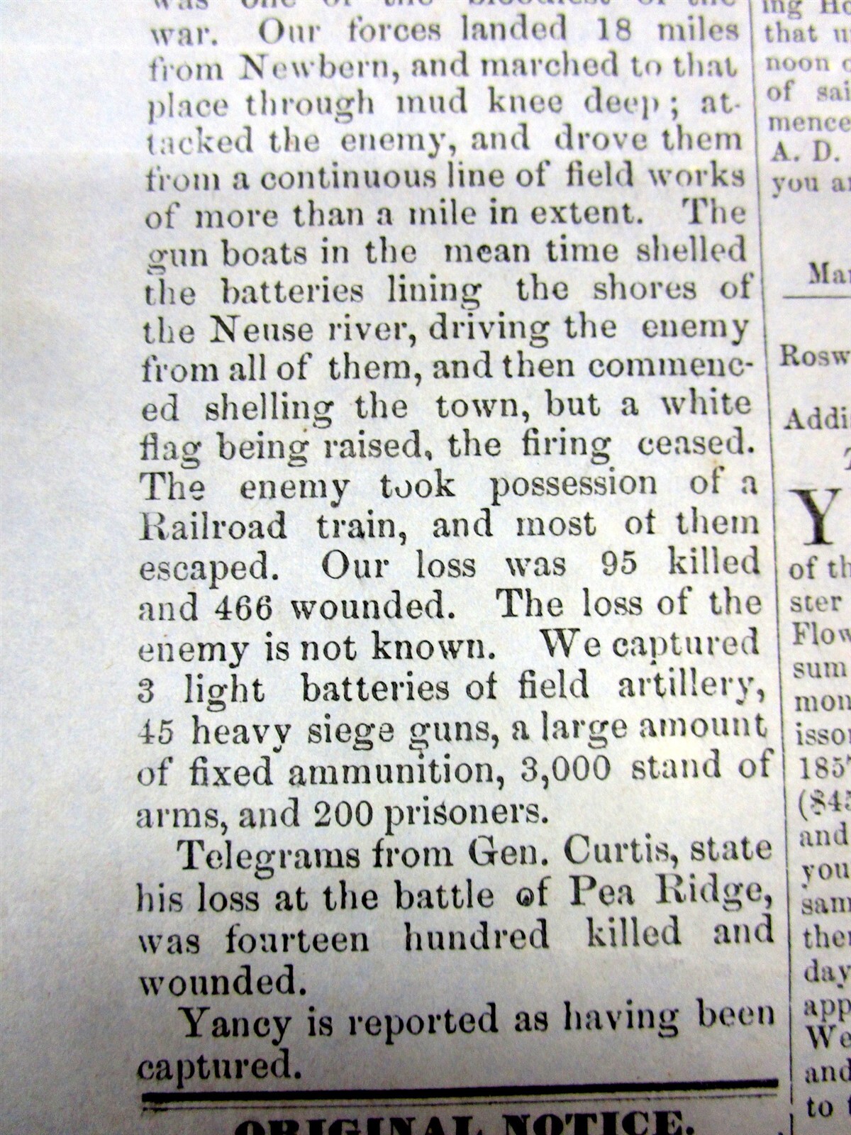 1862 FT Dodge IOWA Civil War BROADSIDE “EXTRA” newspaper- BATTLE of NEW BERNE NC