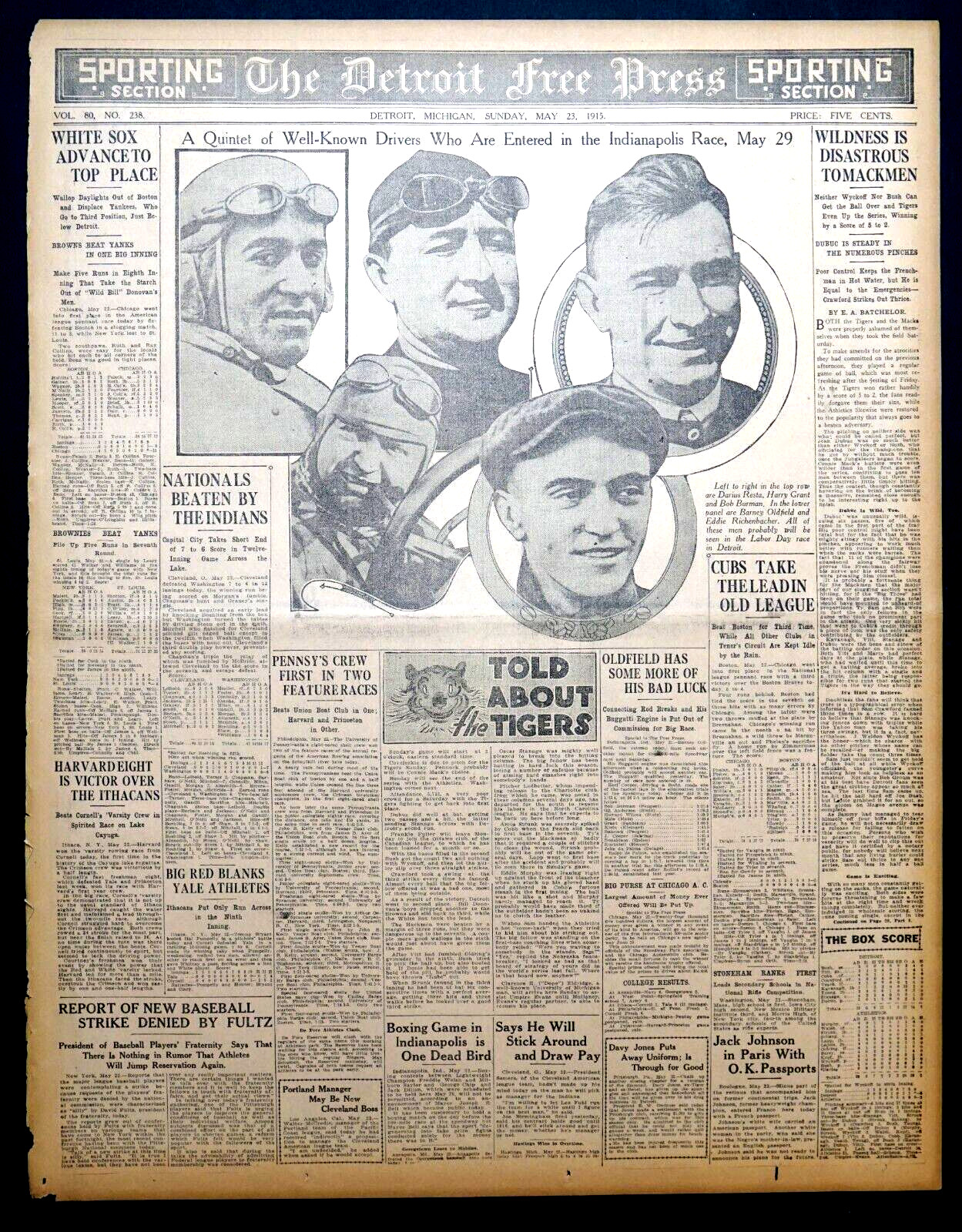 1915 Sports Page – Quintet of Drivers in Indianapolis 500 Race – Rickenbacker