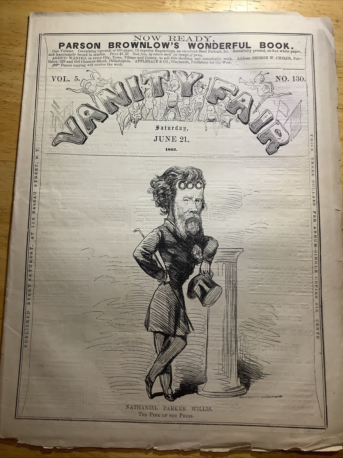 1862 RARE CIVIL WAR VANITY FAIR NEWSPAPER ~ NATHANIEL PARKER WILLIS