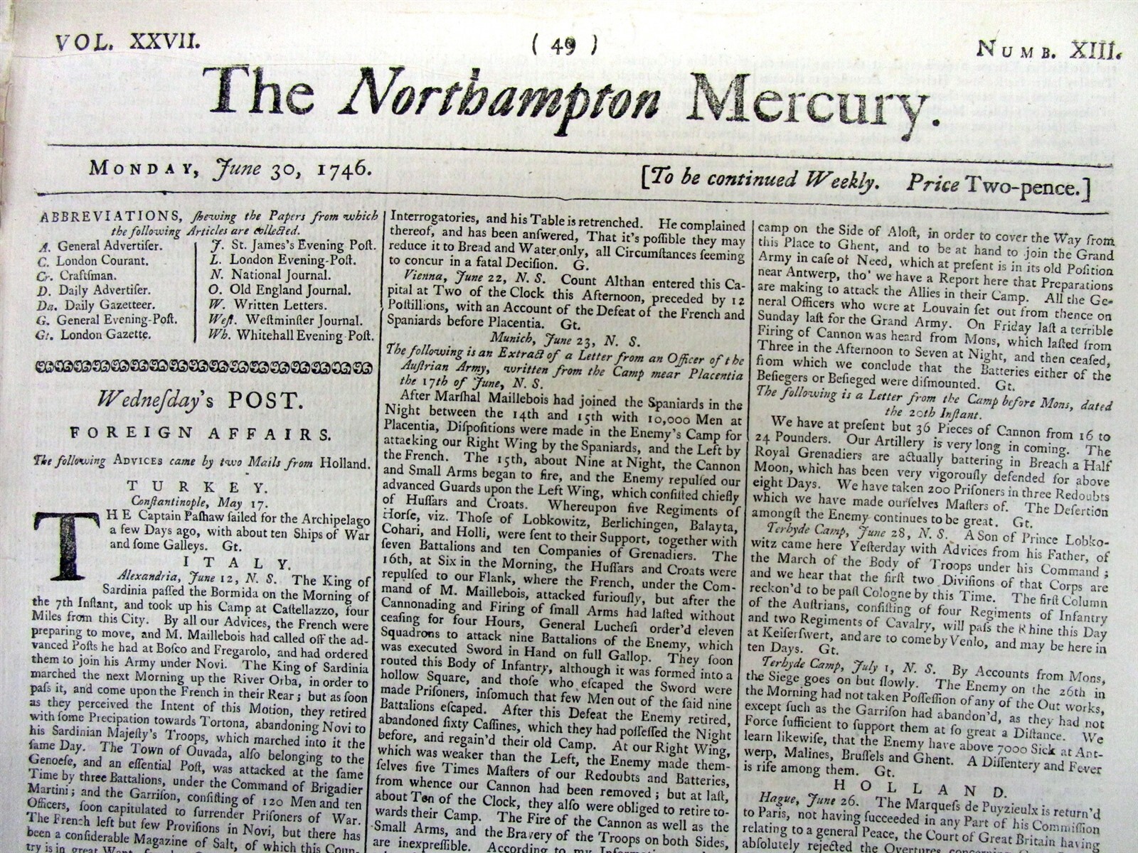 1746 newspaper w PEACE TERMS to END Early American Colonial War incl SLAVE TRADE