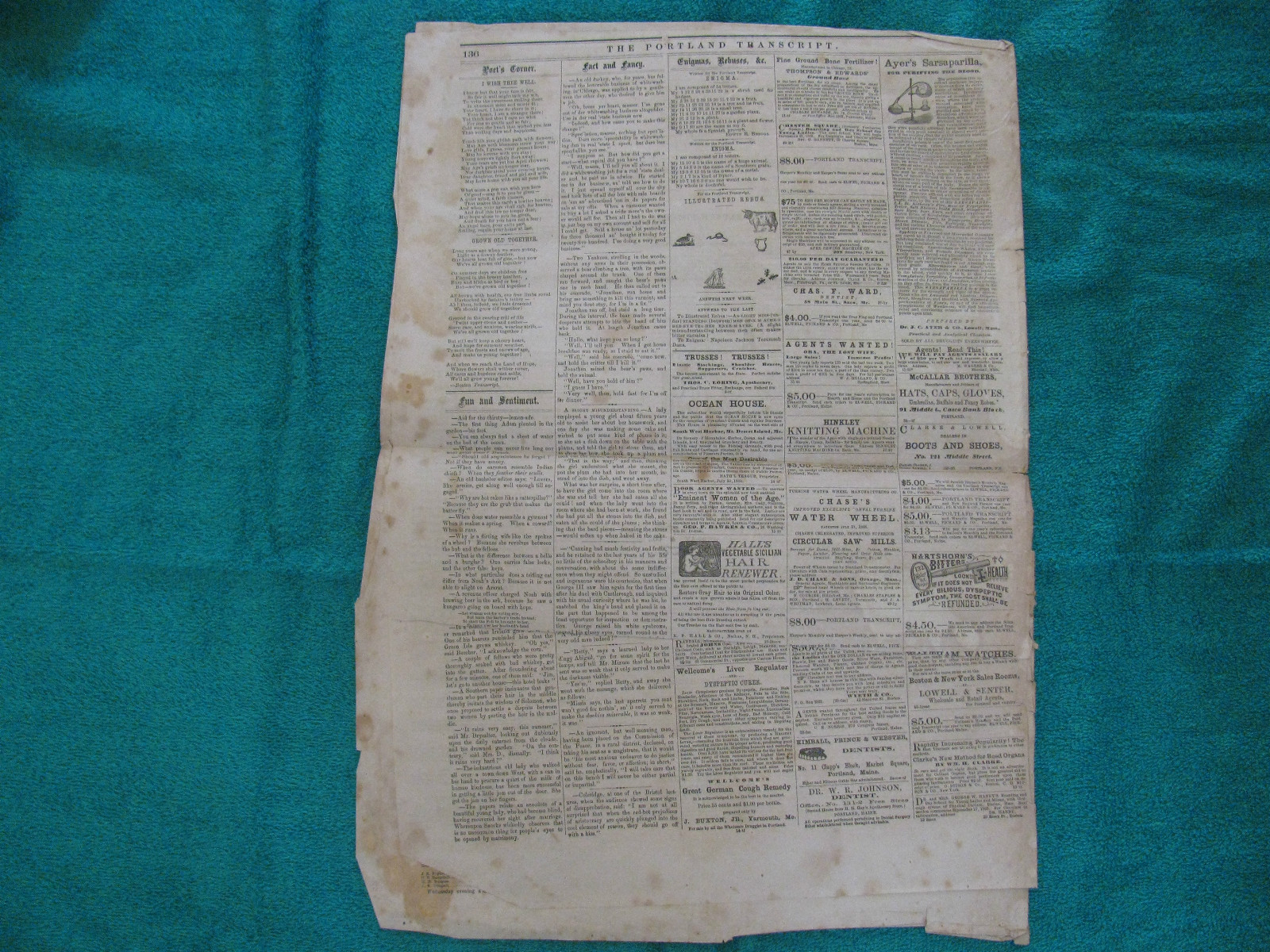July 24, 1869 PORTLAND TRANSCRIPT Newspaper ~Vintage Ads~