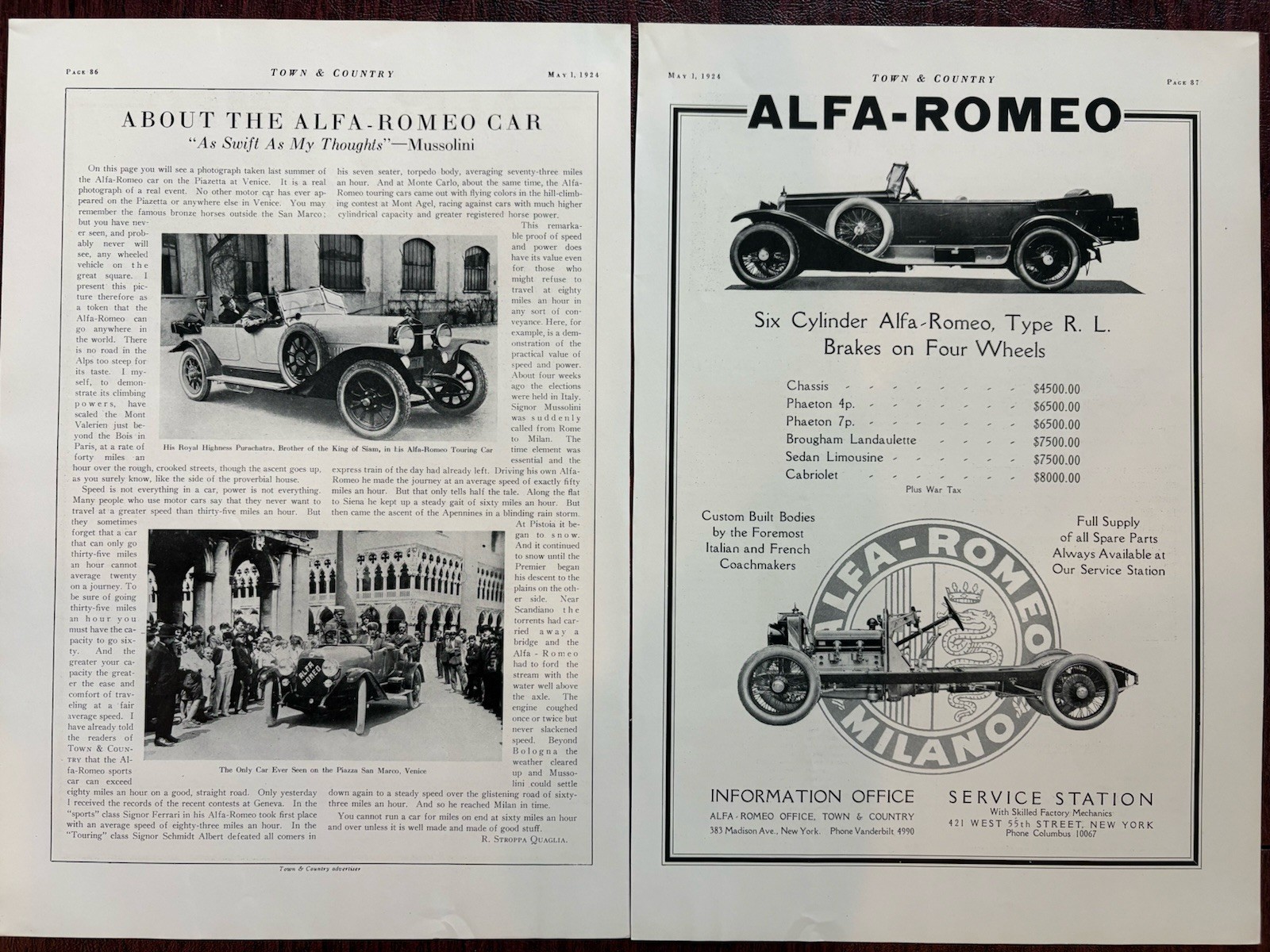 1924 About the Alfa Romeo Car Magazine Article Vintage Racing Ads Prices T&C