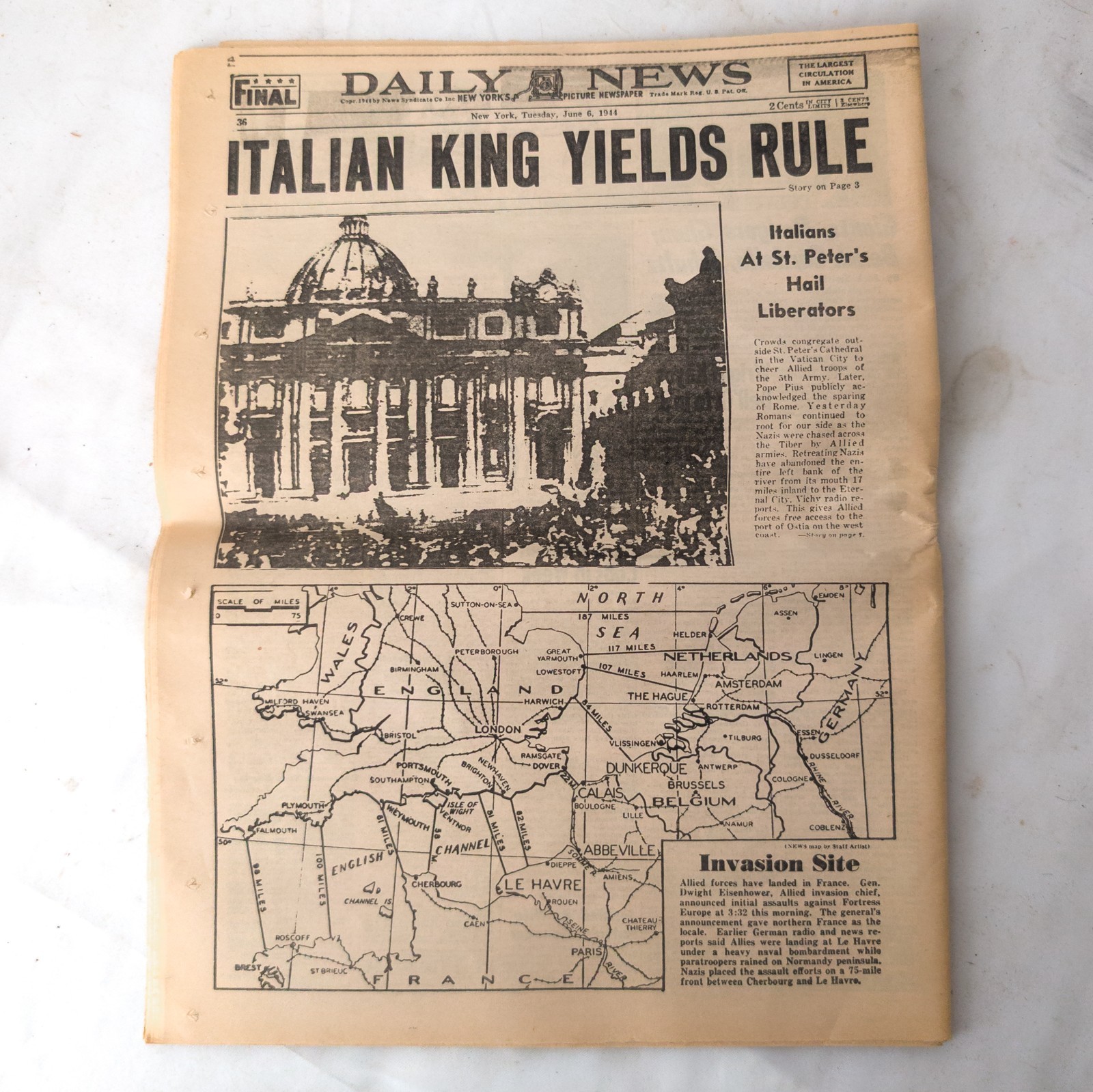 Vtg 1944 Daily News Newspaper New York WWII Invasion Begins June 6