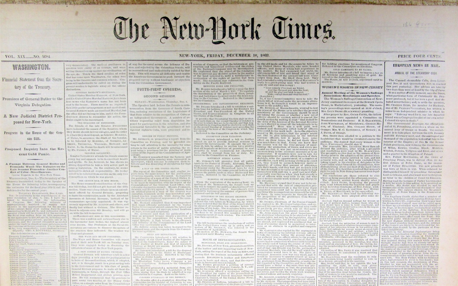 1869 NY Times newspaper with a WOMEN’S RIGHTS SUFFRAGE CONVENTION in NEW JERSEY
