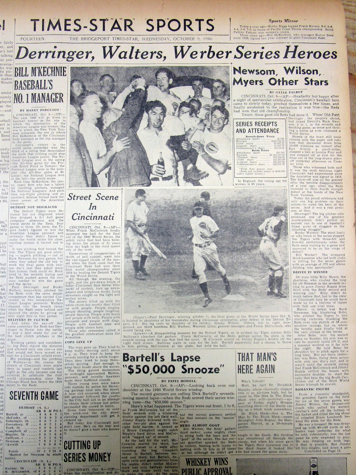 1940 newspaper CINCINNATI REDS WIN baseball WORLD SERIES vs DETROIT TIGERS