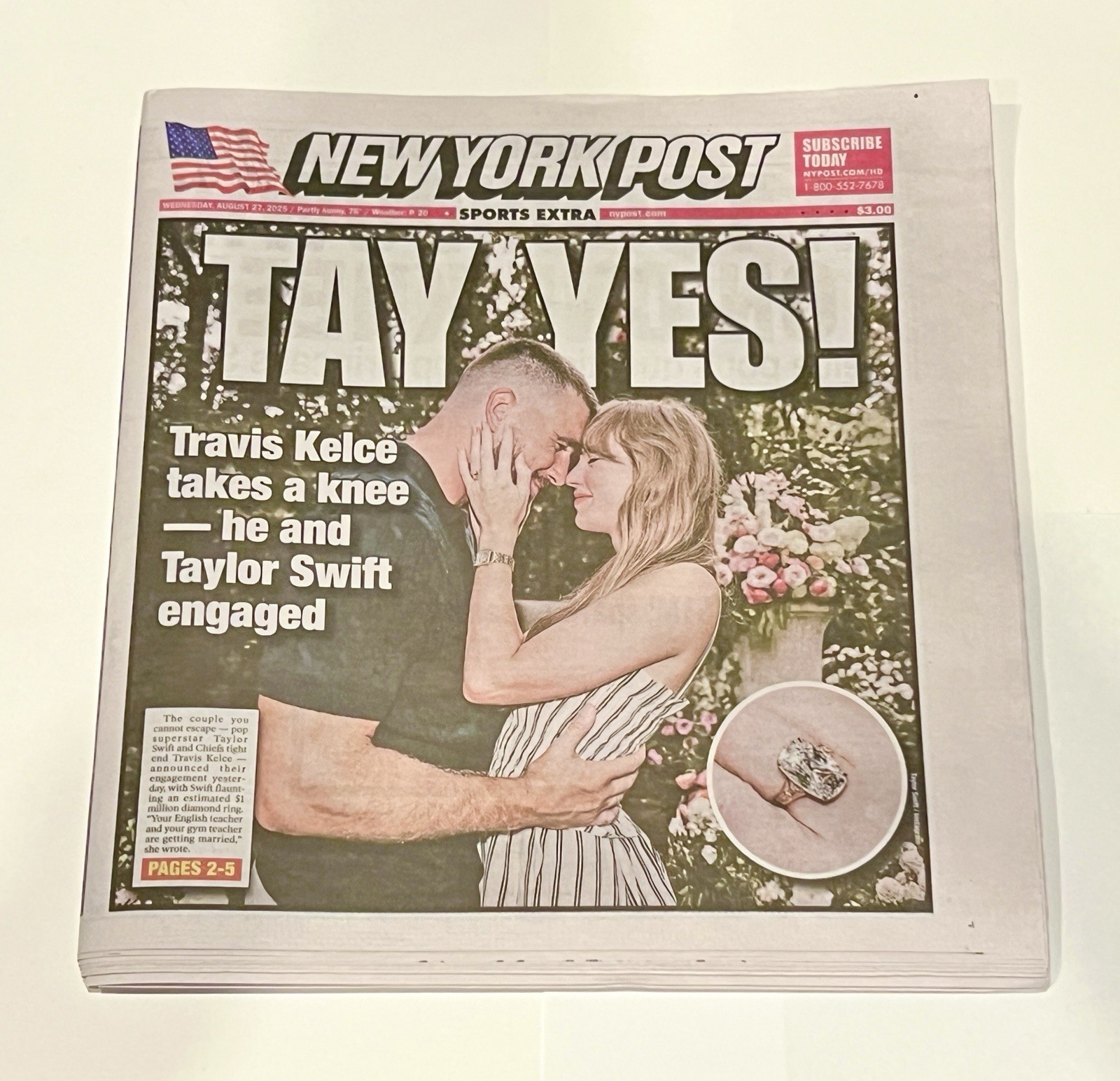 Taylor Swift & Travis Kelce Engaged “Tay Yes!” New York Post Newspaper 8/27/2025