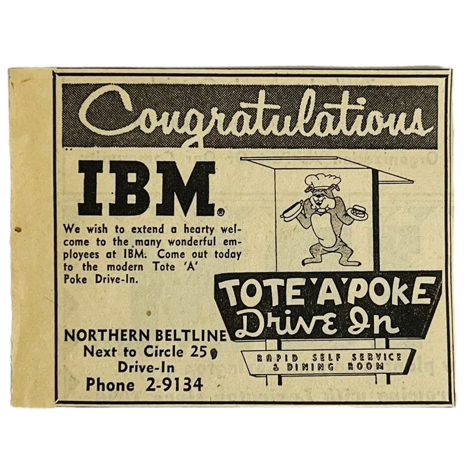 Vtg 1959 Lexington KY Newspaper Ad Tote A Poke Drive In Restaurant Welcome IBM