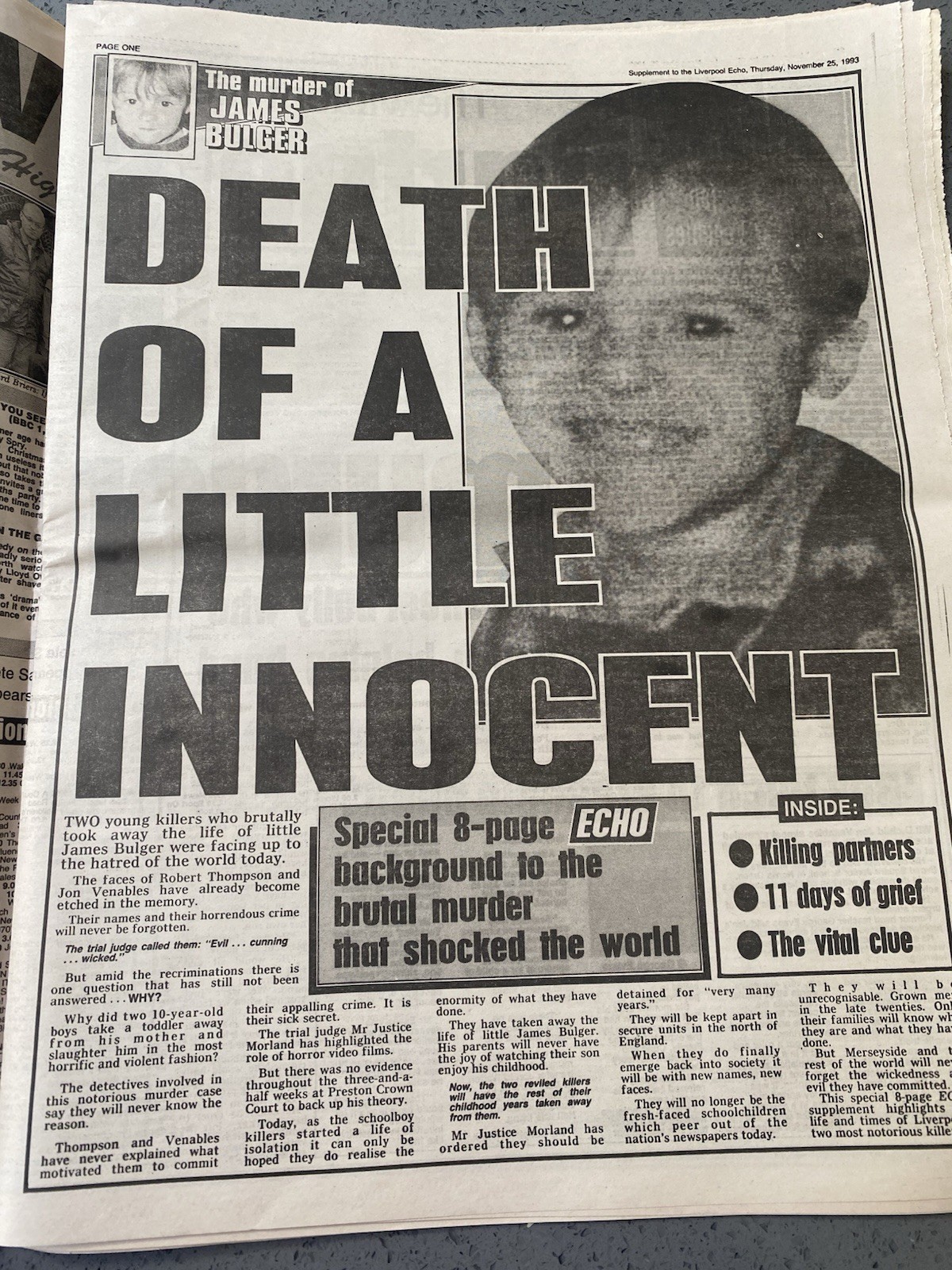 Liverpool Echo Newspaper November 25 1993 Tragedy James Burger