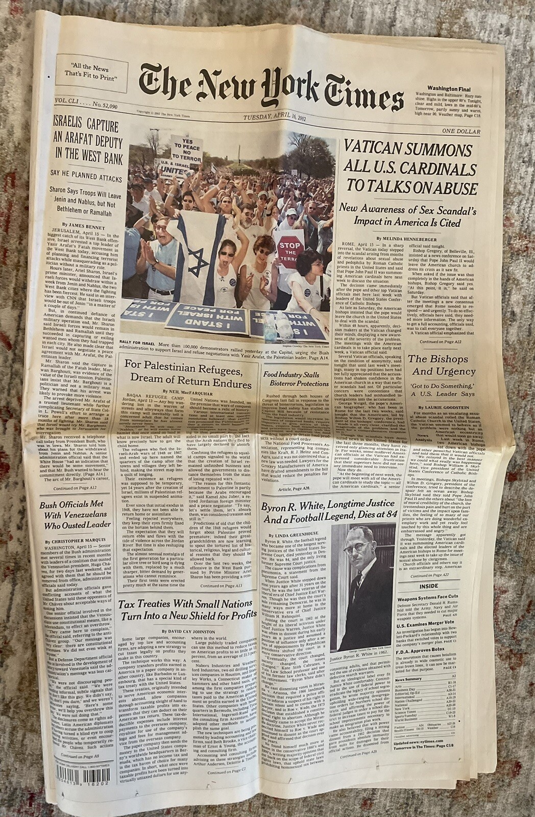 April 16, 2002 | The New York Times Newspaper | Front Section Only | Used