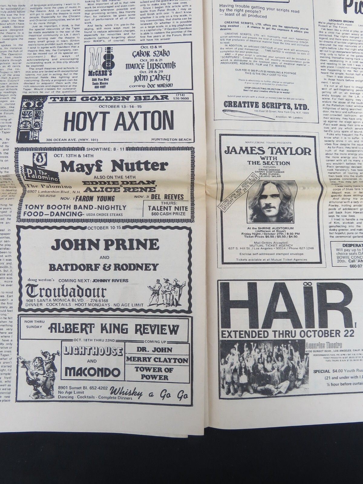 L.A. FREE PRESS UNDERGROUND NEWSPAPER Oct. 13, 1972 Concert Ads Counter-Culture