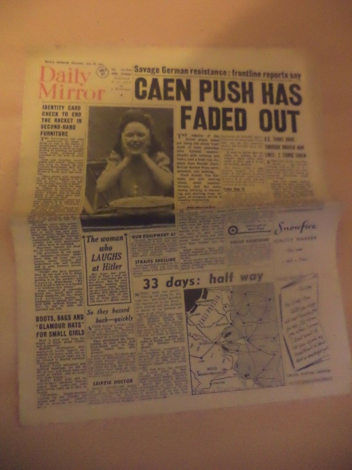 daily mirror OLD VINTAGE ORIG NEWSPAPER 1940S ww2 27 july 1944 caen vistula