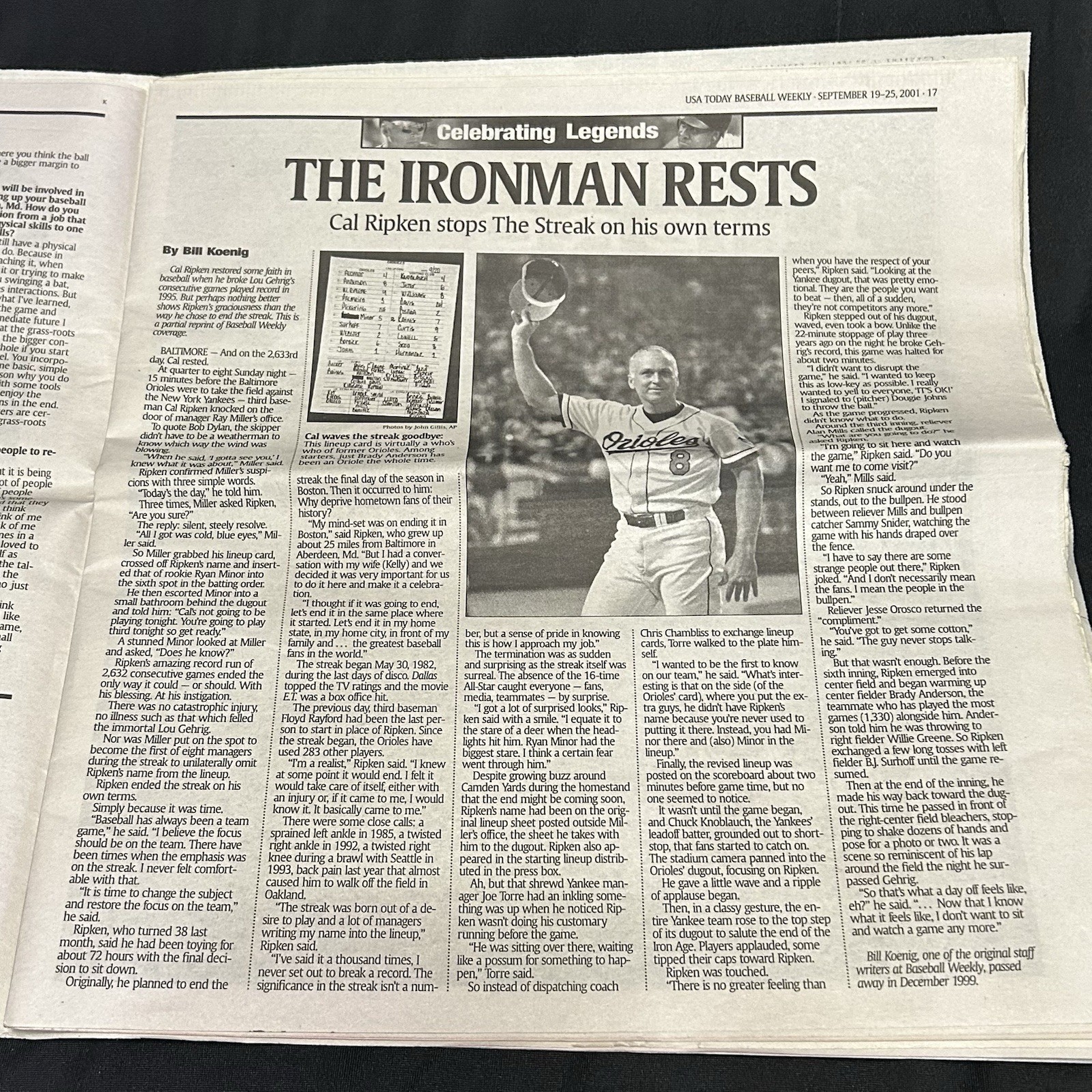 Cal Ripken Jr USA Today Baseball Weekly Sept. 2001 “Iron Willed” MLB post 9/11