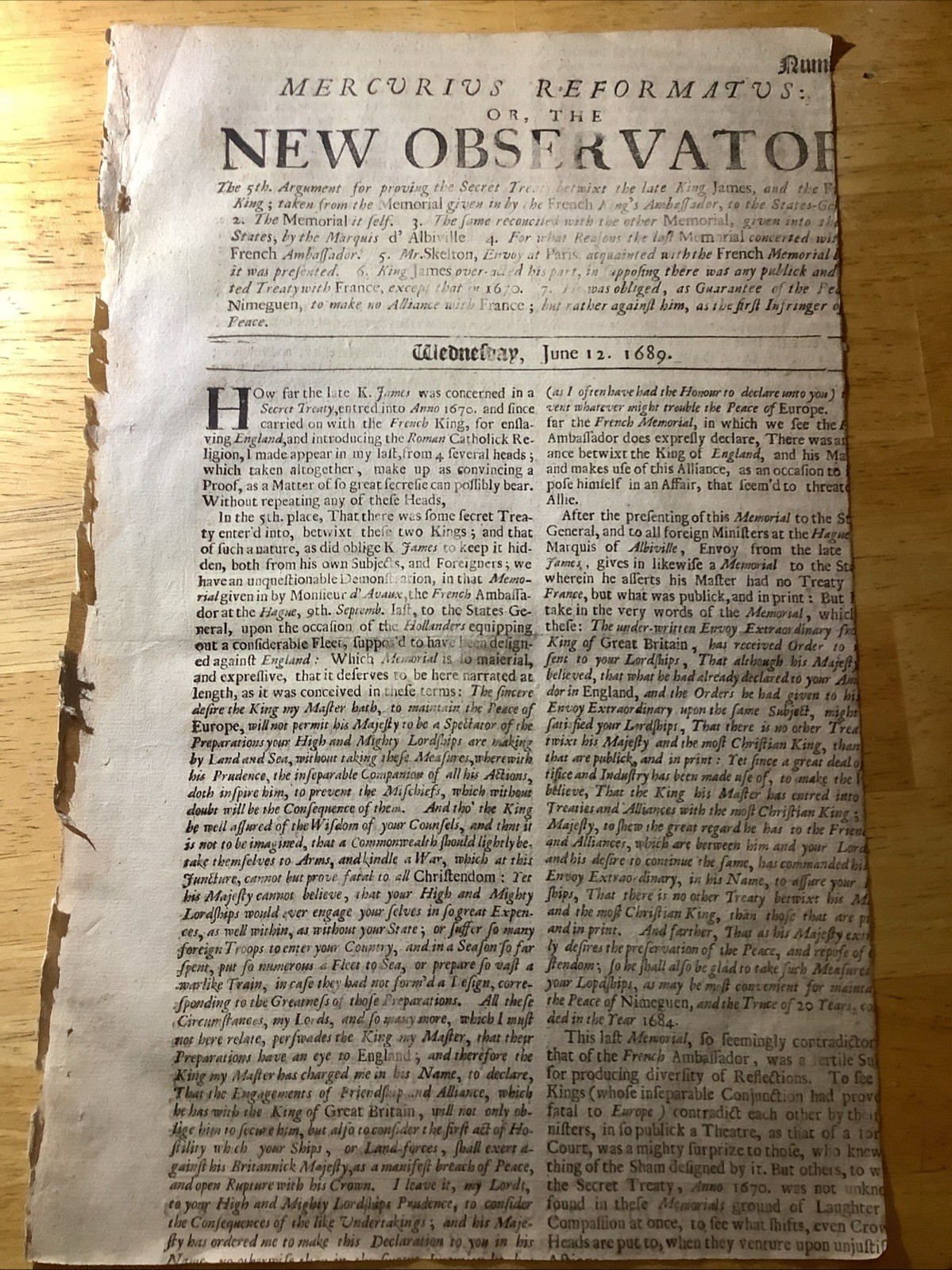 1689 EXTREMELY RARE NEW OBSERVATOR NEWSPAPER ~ WILLIAM & MARY REIGN