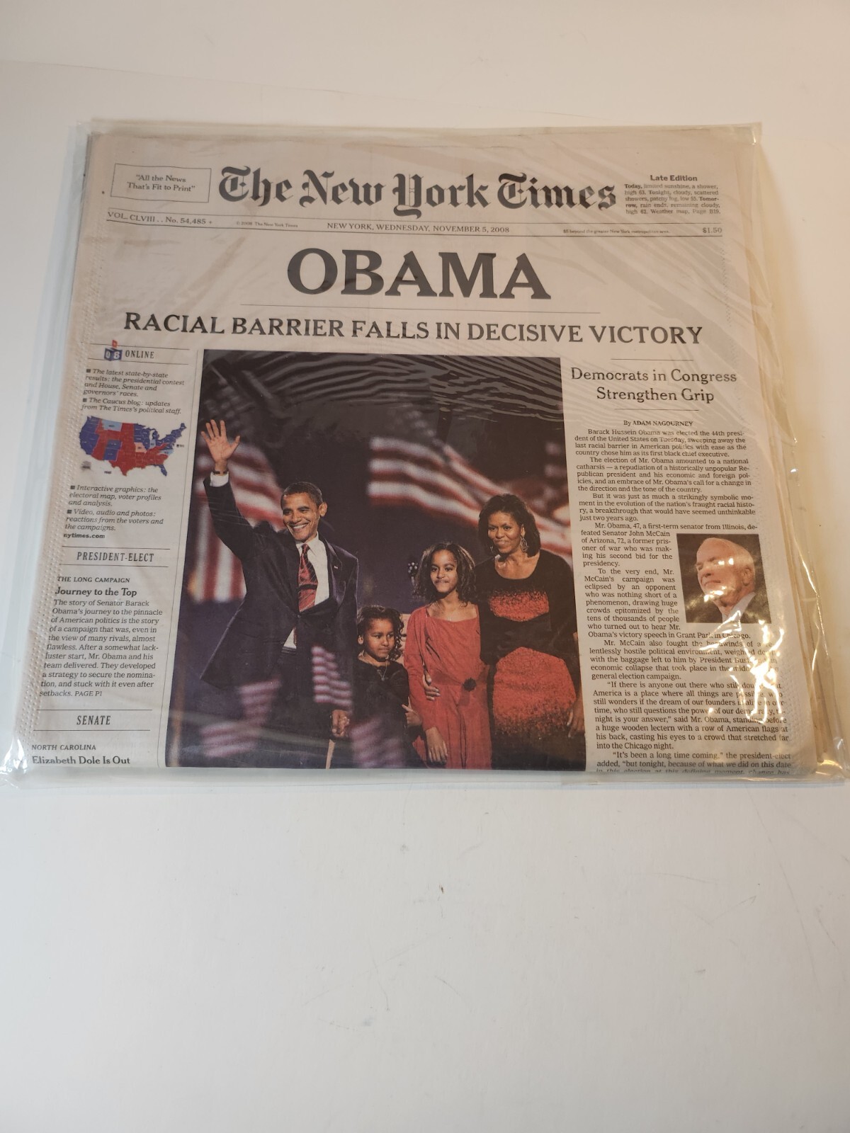 Obama Win November 5, 2008 Election New York Times Late Edition Mint Sealed
