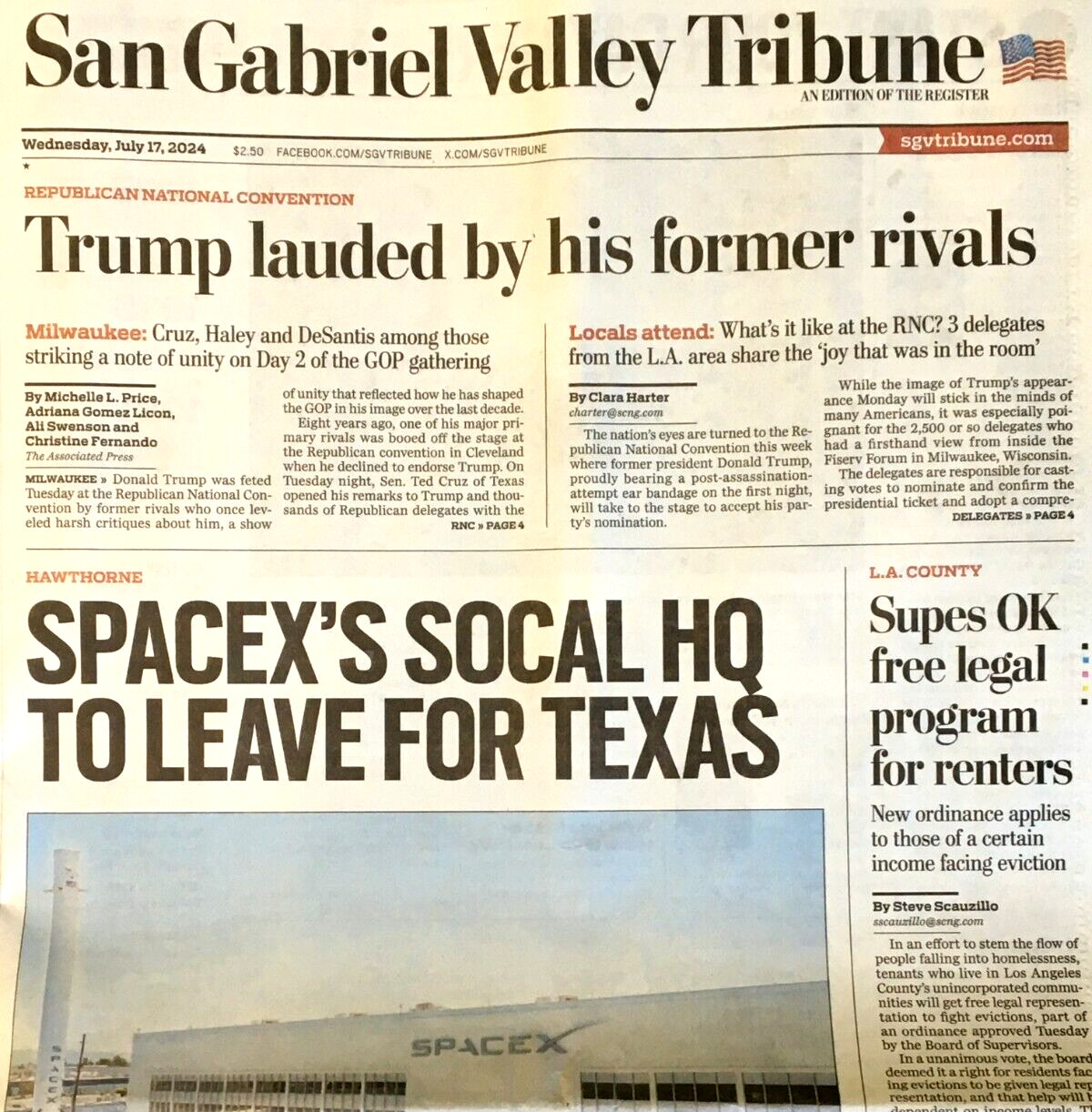 SAN GABRIEL VALLEY TRIBUNE July 17, 2024 TRUMP REPUBLICAN NATIONAL CONVENTION