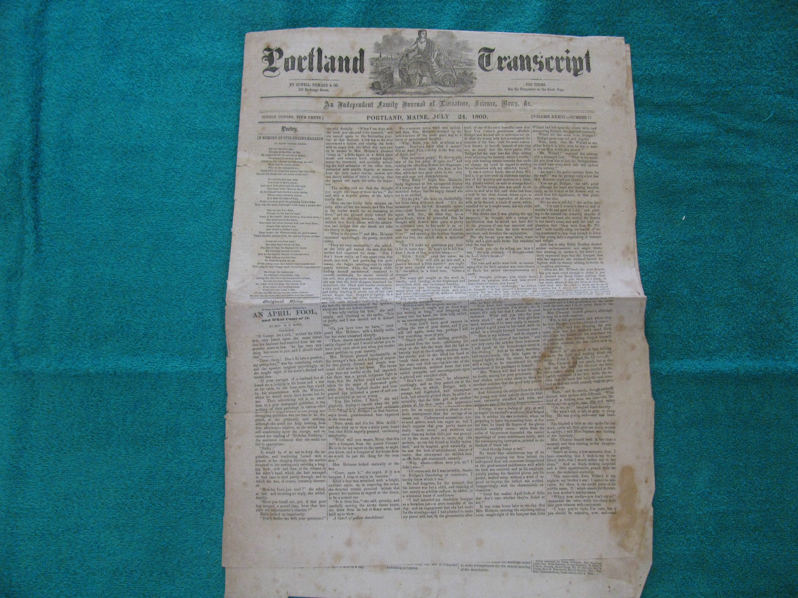 July 24, 1869 PORTLAND TRANSCRIPT Newspaper ~Vintage Ads~