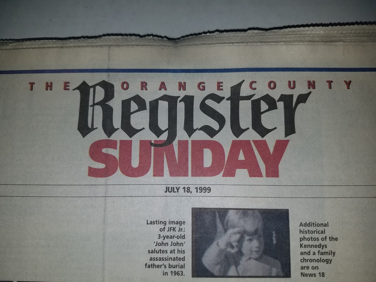 John F Kennedy Jr. Death Plane Crash Newspaper July 18, 1999 Orange County CA