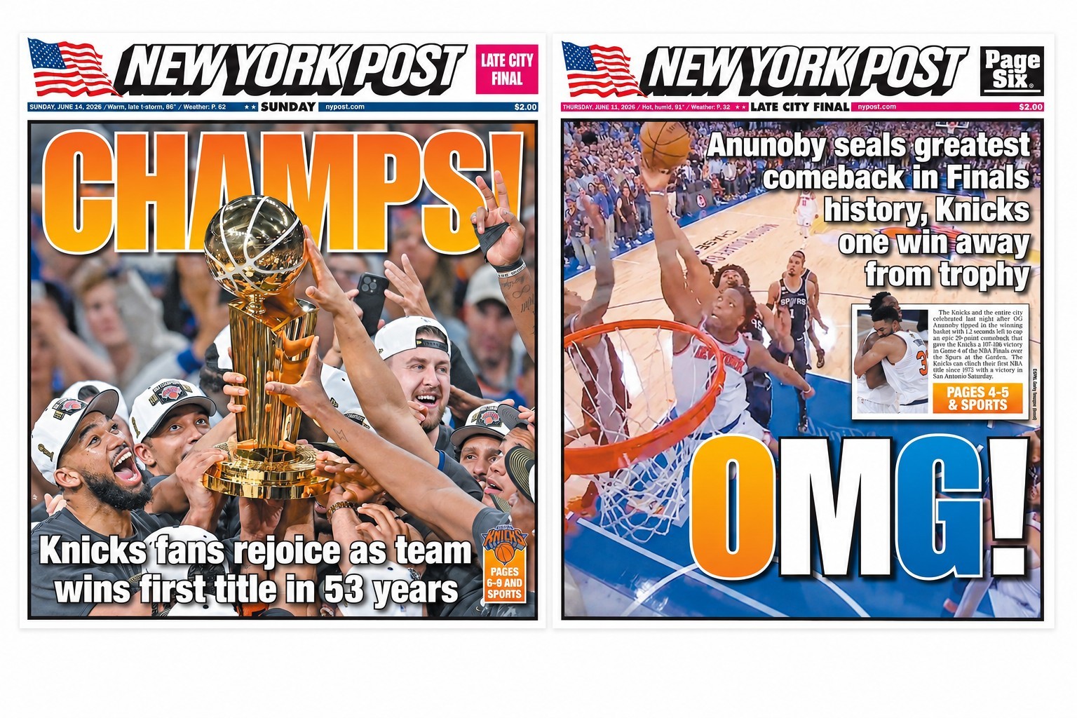 NY Post Knicks 2026 NBA Champions “Champs” & “OMG” Newspaper Cover – Lot of 2