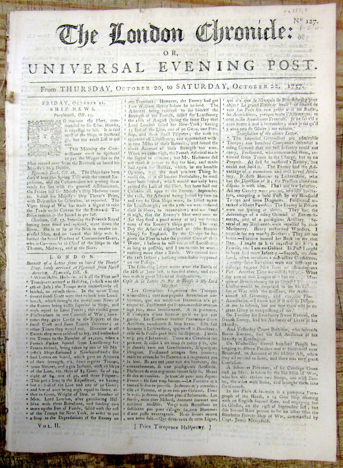 1757 newspaper LORD LOUDOUN as VIRGINIA Governor during the FRENCH & INDIAN WAR