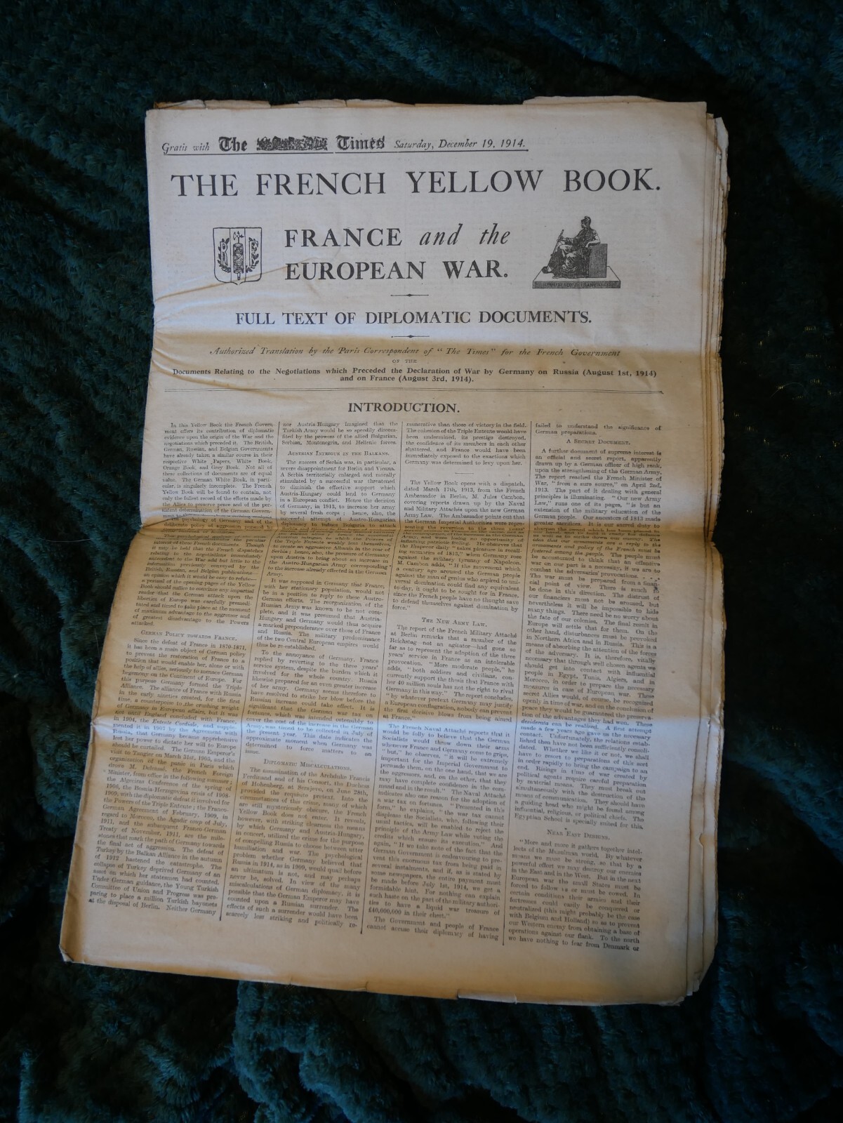 The Times “French Yellow Book” special WW1 supplement, 19th December 1914