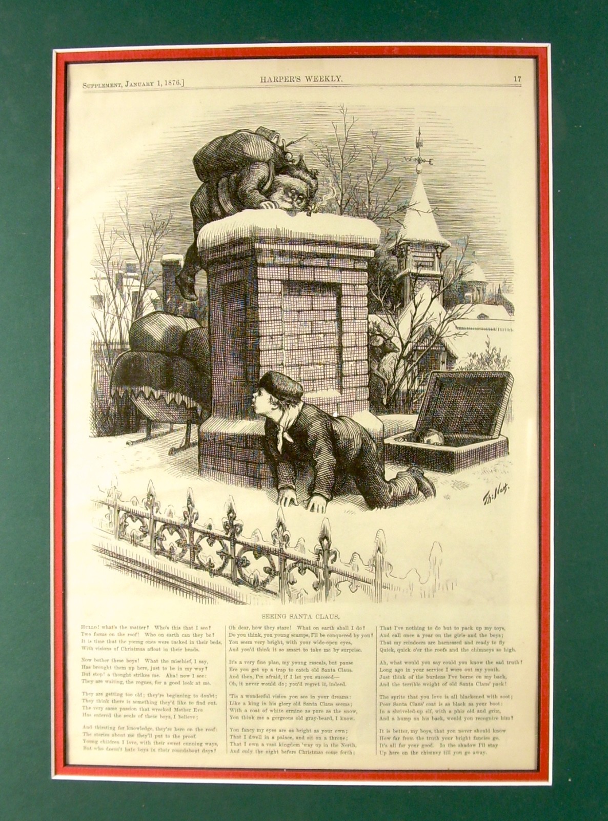 1876 Thomas Nast WOODBLOCK PRINT in Harper’s Weekly» “Seeing Santa Claus”«FINE