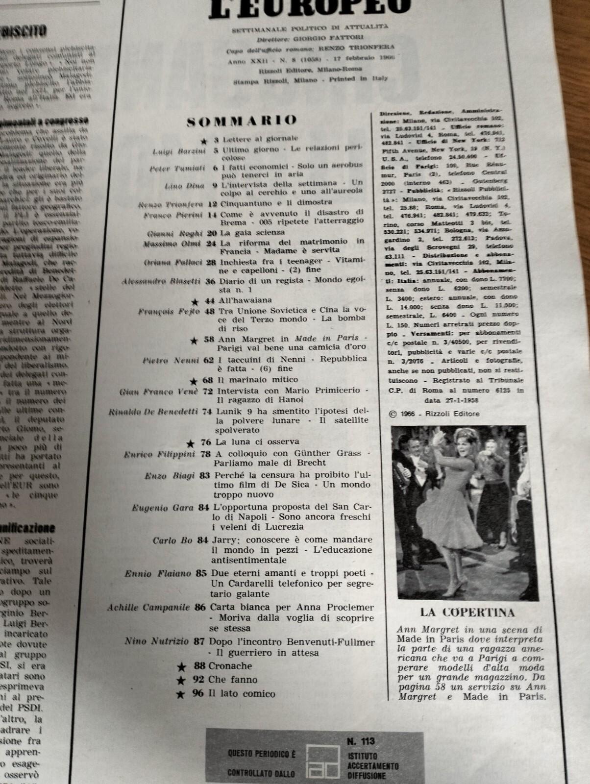 1966=ANN MARGRET=MARIO PRIMICERIO=GUNTER GRASS=LUFTHANSA FLIGHT 005 BREMA=SBRAGIA=