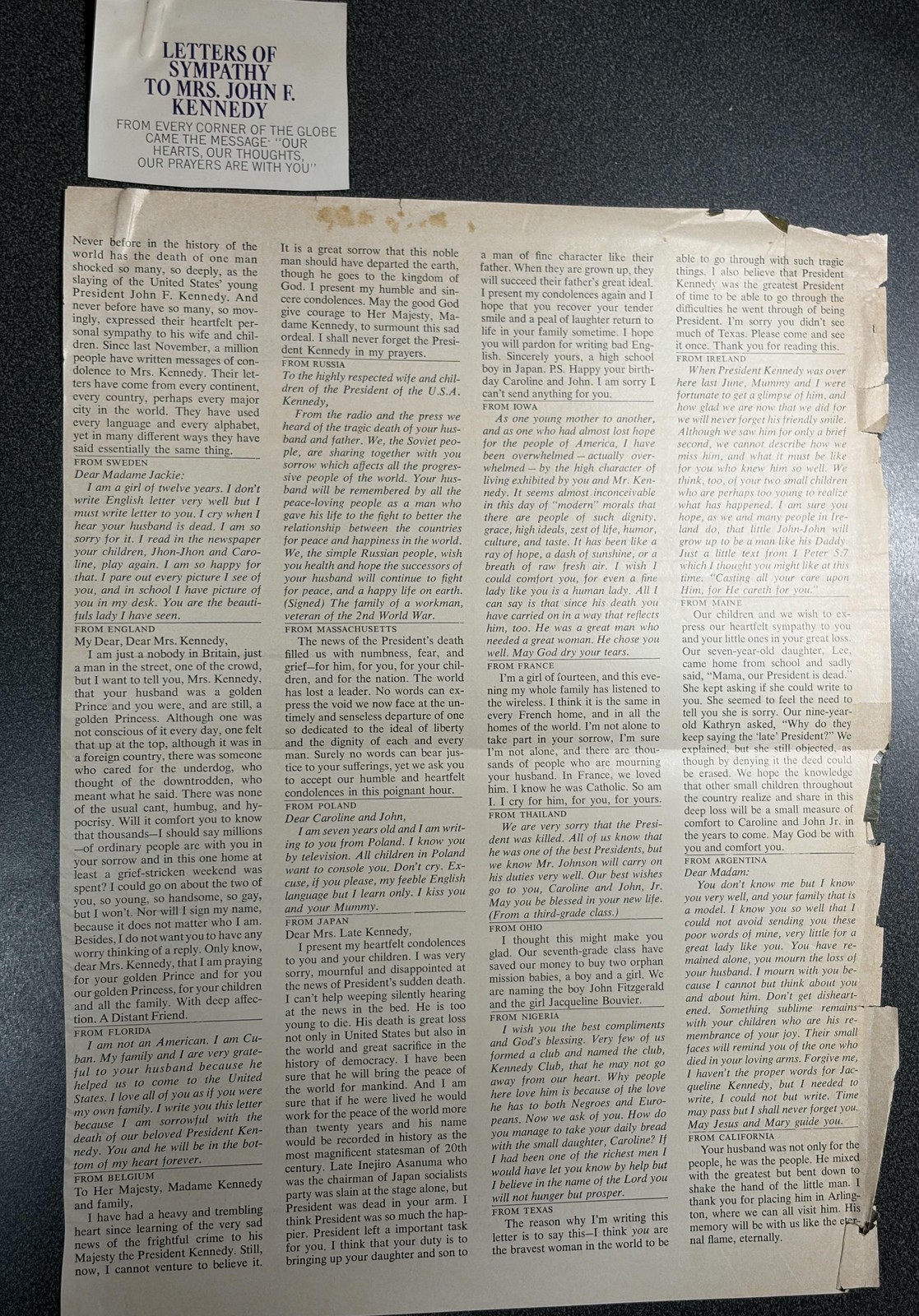 Vintage Parade JFK Letters Of Sympathy Magazine Clipping 1960’s VG Condition