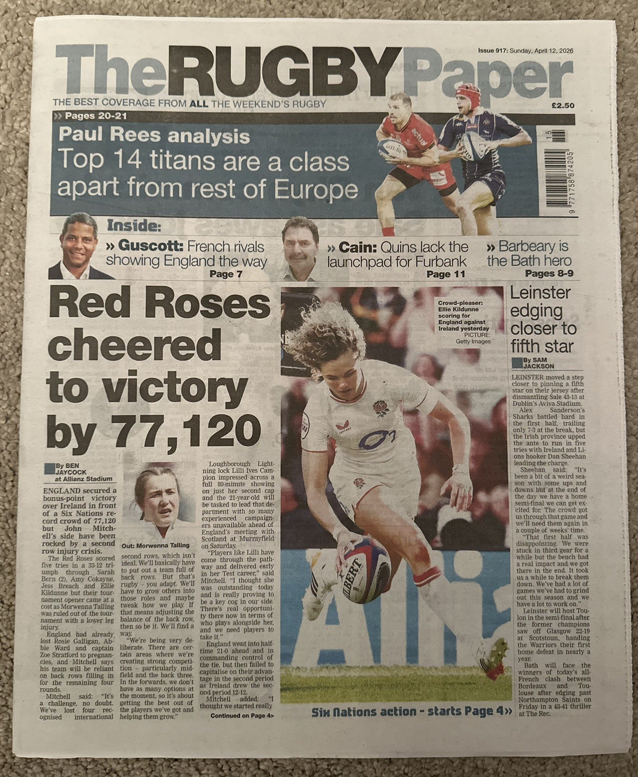 The Rugby Paper 12th April 2026 12/4/26 England Women Beat Ireland In 6 Nations