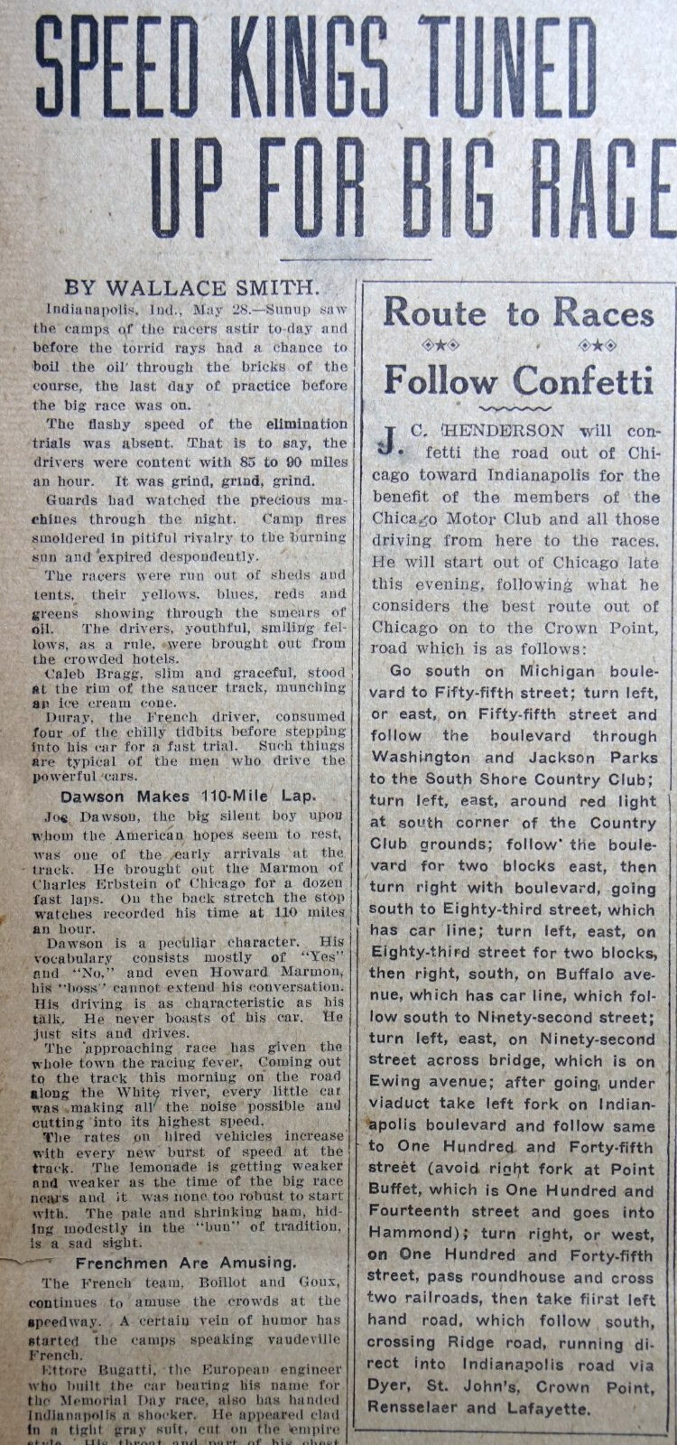 1914 Chicago Sports Page – Indianapolis 500 Speed Kings Tune Up For Big Race