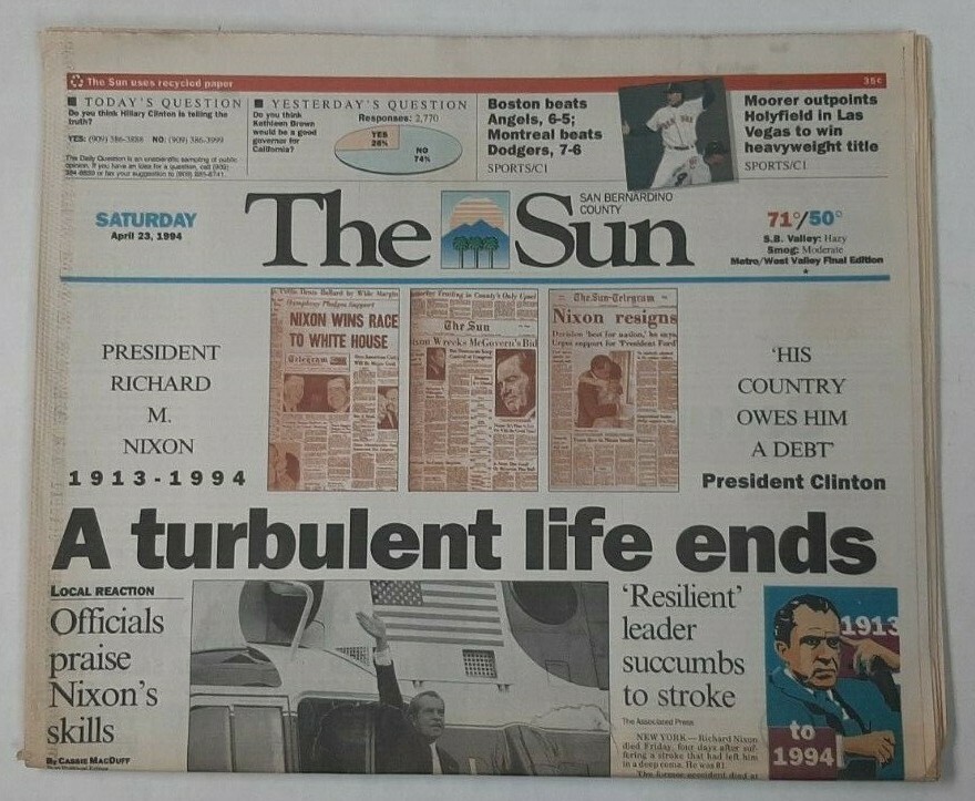 President Richard Nixon Dies Los Angeles Area Newspaper April 23 1994 Watergate