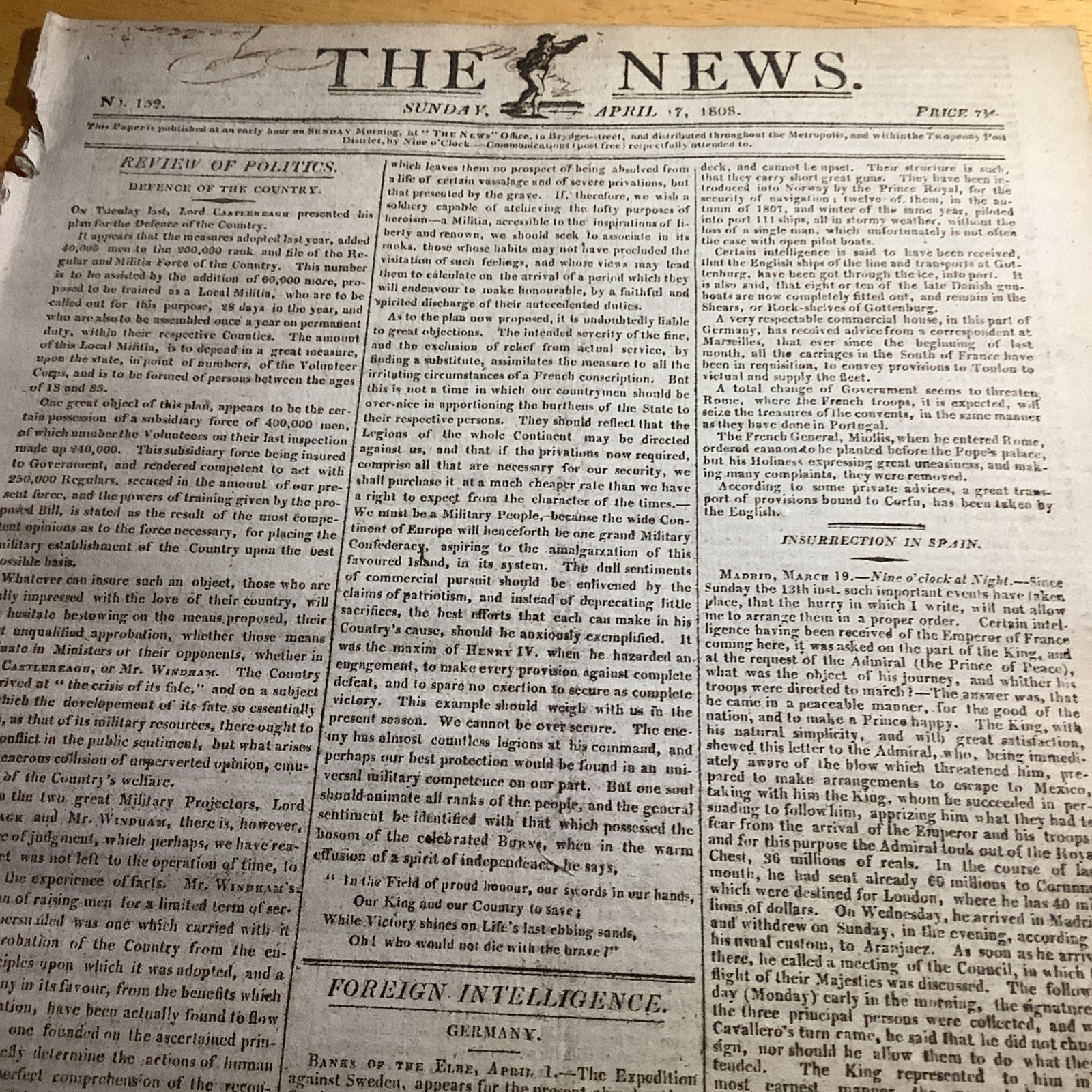 1808 THE NEWS ~ RARE ORIGINAL 8 PAGE NEWSPAPER ~ KING GEORGE III ERA