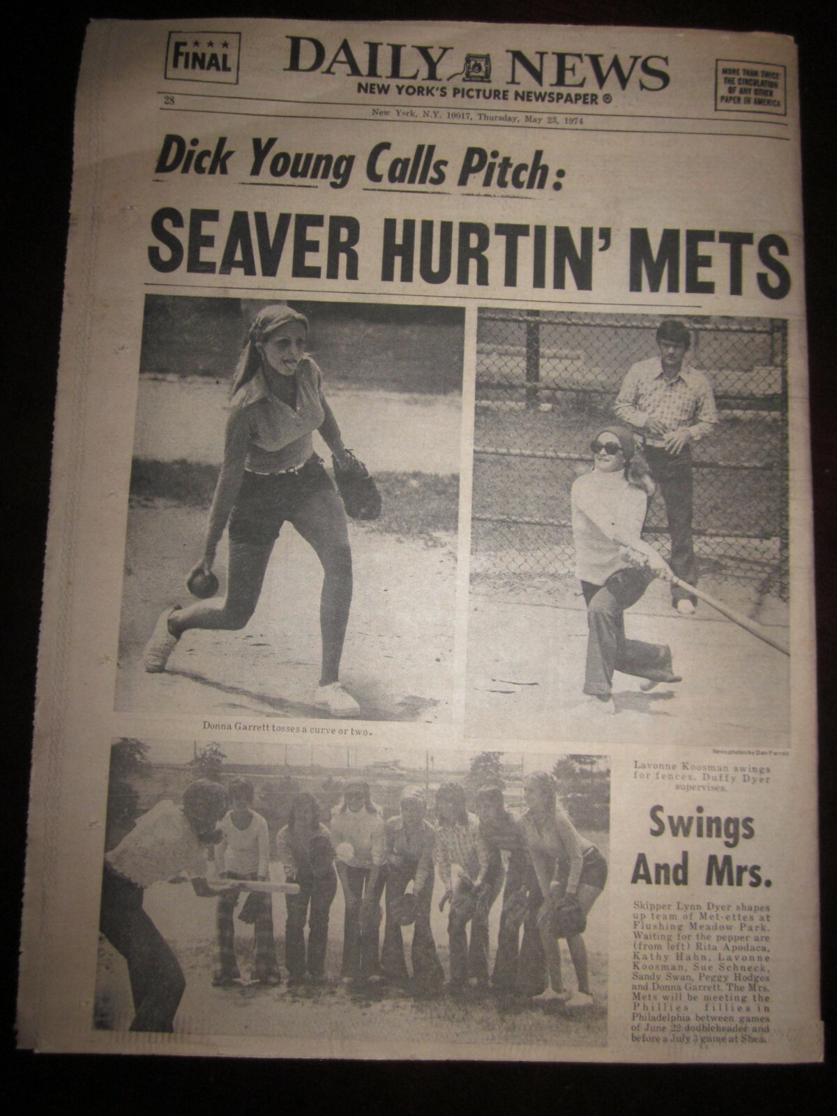 May 23, 1974 NY Daily News Mets – Tom Seaver, Met Wives Softball Game