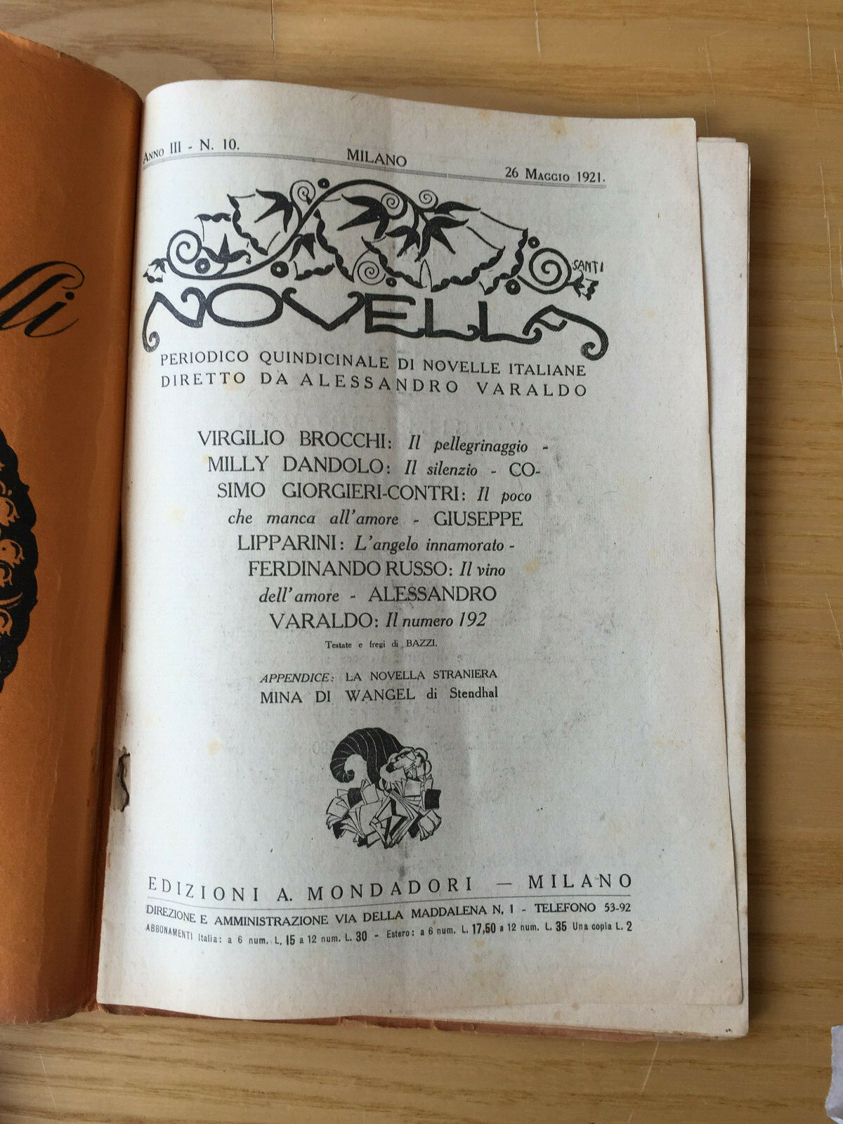 MONDADORI NOVELLA PERIODICAL ITALIAN WRITERS N° 10 1921 A. VARALDO V. BROCCHI