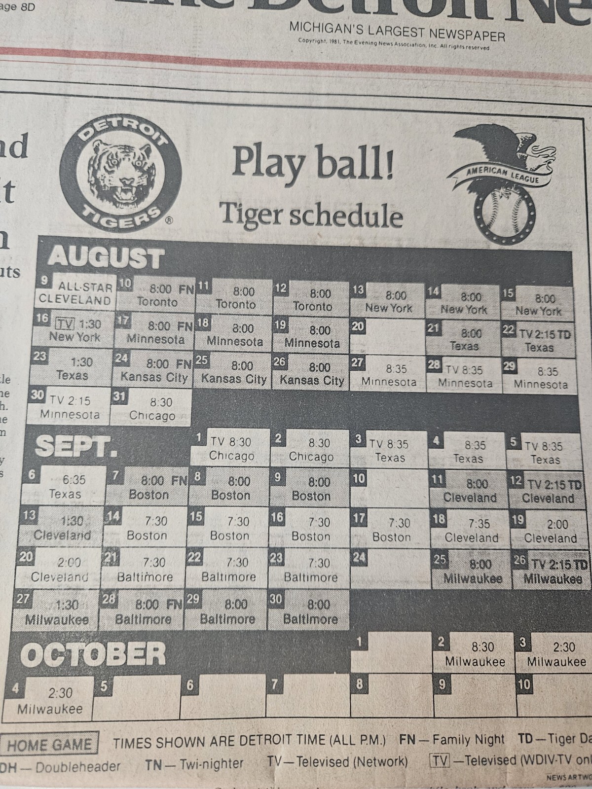 The Detroit News Newspaper August 1 1981 Section A Only Tigers Schedule