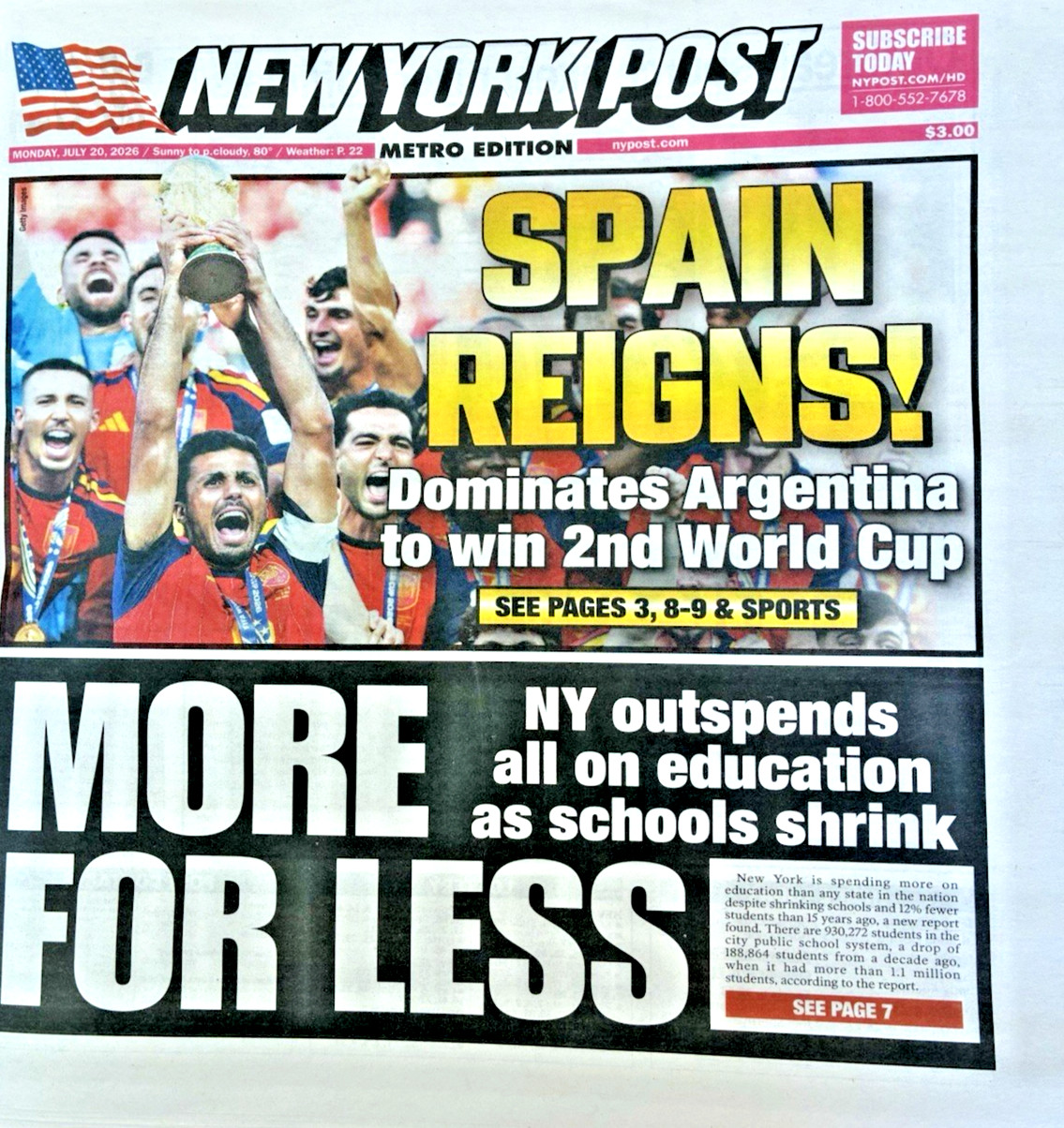 New York Post 7/20/2026 NEW Spain Defeats Argentina FERRAN TORRES Messi FIFA