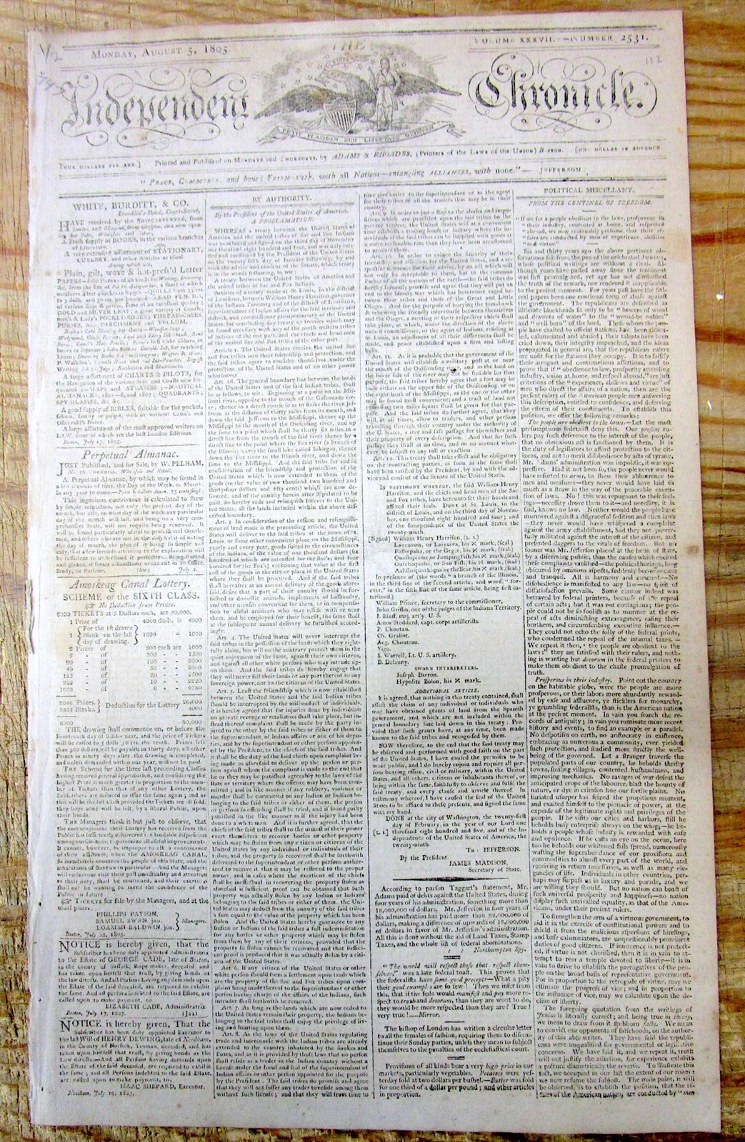 Best 1805 display newspaper NATIVE AMERICAN INDIAN TREATY signd THOMAS JEFFERSON