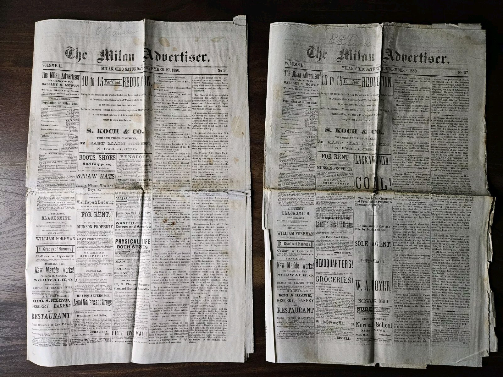 Antique 1880 Milan Ohio Advertiser 1800s Lot Of 2 Newspapers Volume 1 2 No 36 37