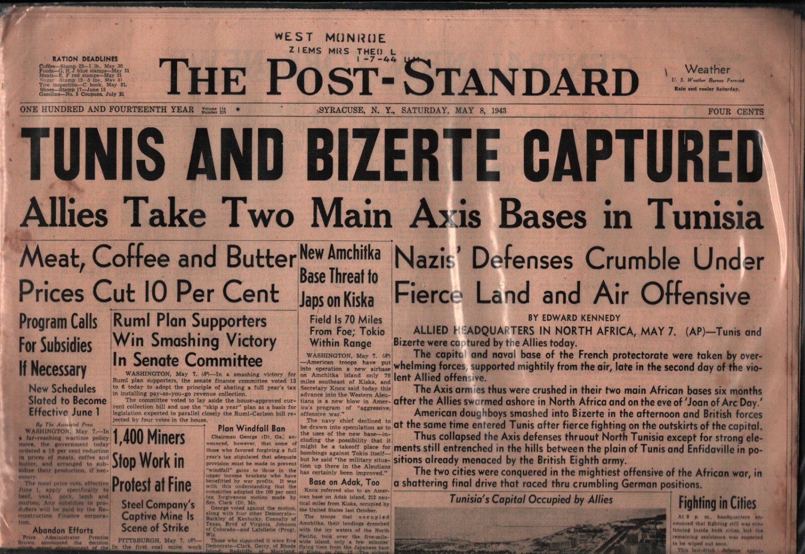 Post-Standard May 8, 1943 Allies Capture Axis Bases Tunis & Bizzerte 110221WEBAN