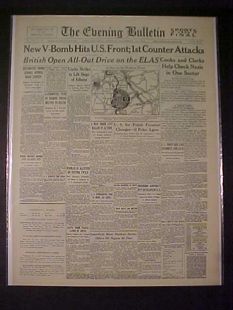 VINTAGE NEWSPAPER HEADLINE ~WORLD WAR 2 HITLER V-BOMB ATTACK U.S. ARMY WWII 1944