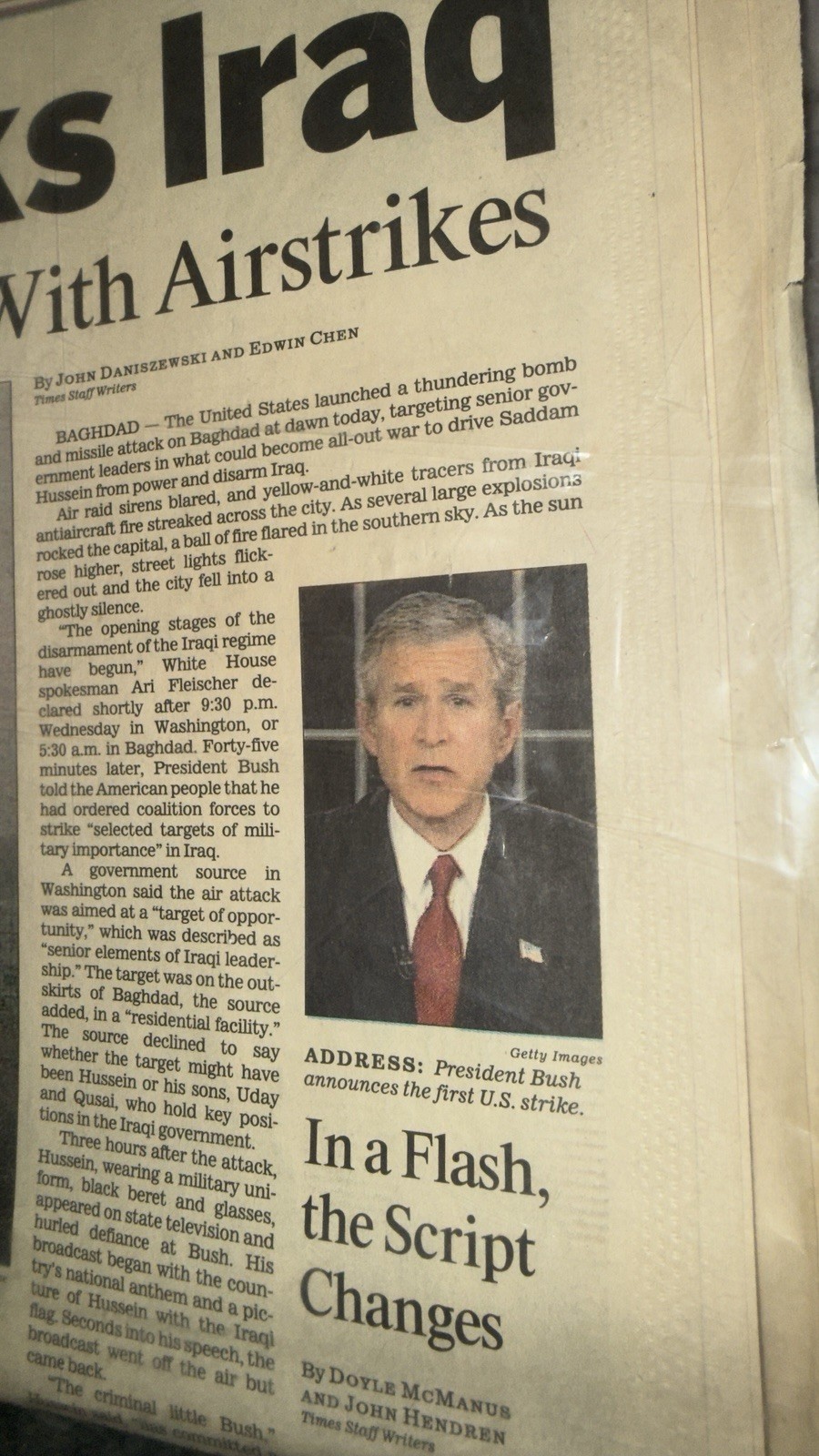 Los Angeles Times “U.S. Attacks Iraq” March 20, 2003 Historical Newspaper