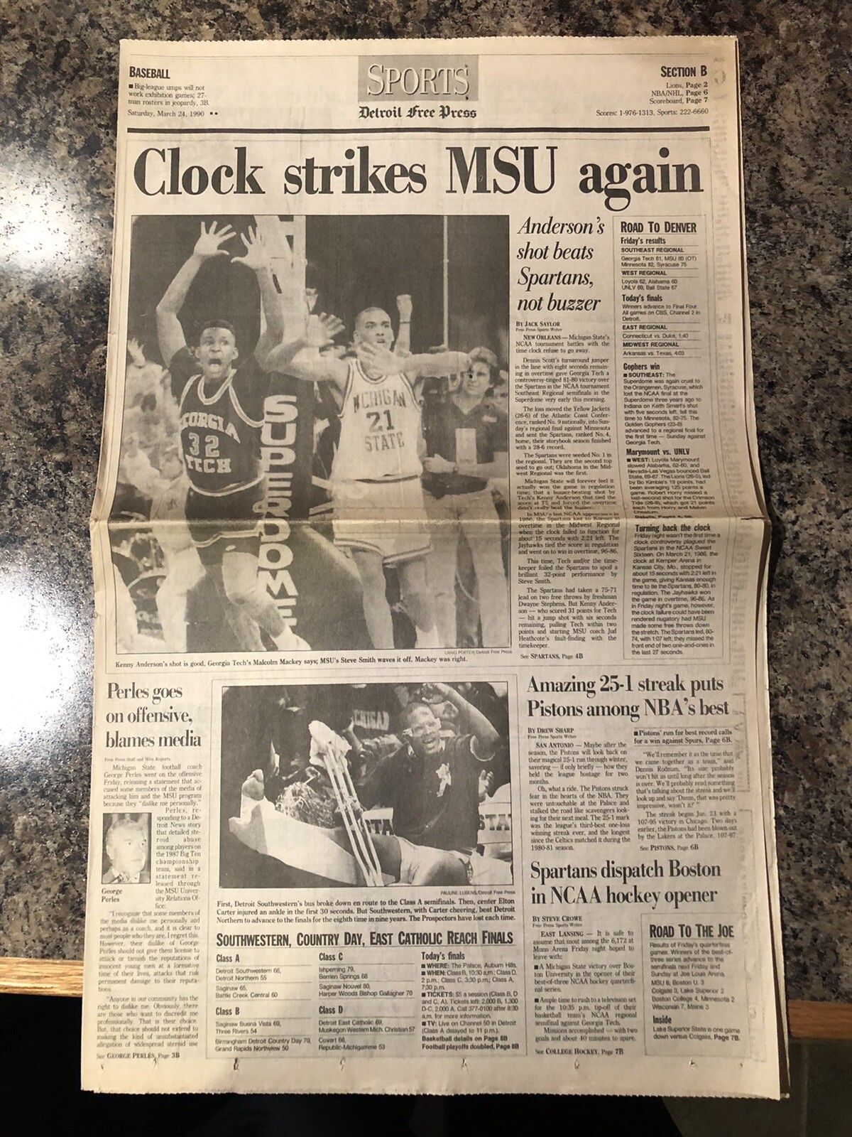 1990 Basketball Newspaper. Michigan State Spartans v Georgia Tech Yellow Jackets