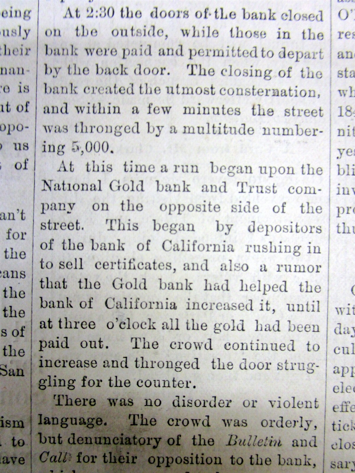 Rare 1873 VISALIA California newspaper broadside “extra” CALIFORNIA BANK FAILURE