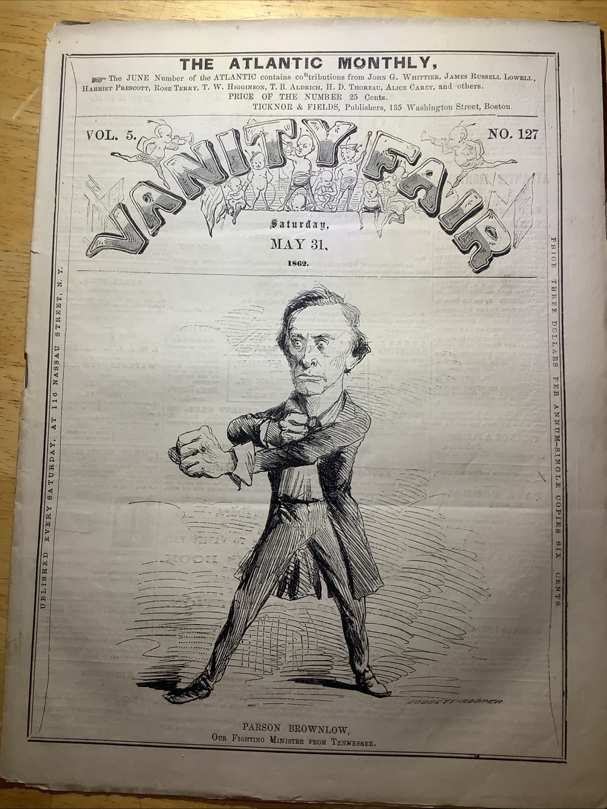 1862 RARE CIVIL WAR VANITY FAIR NEWSPAPER ~ PARSON BROWNLOW