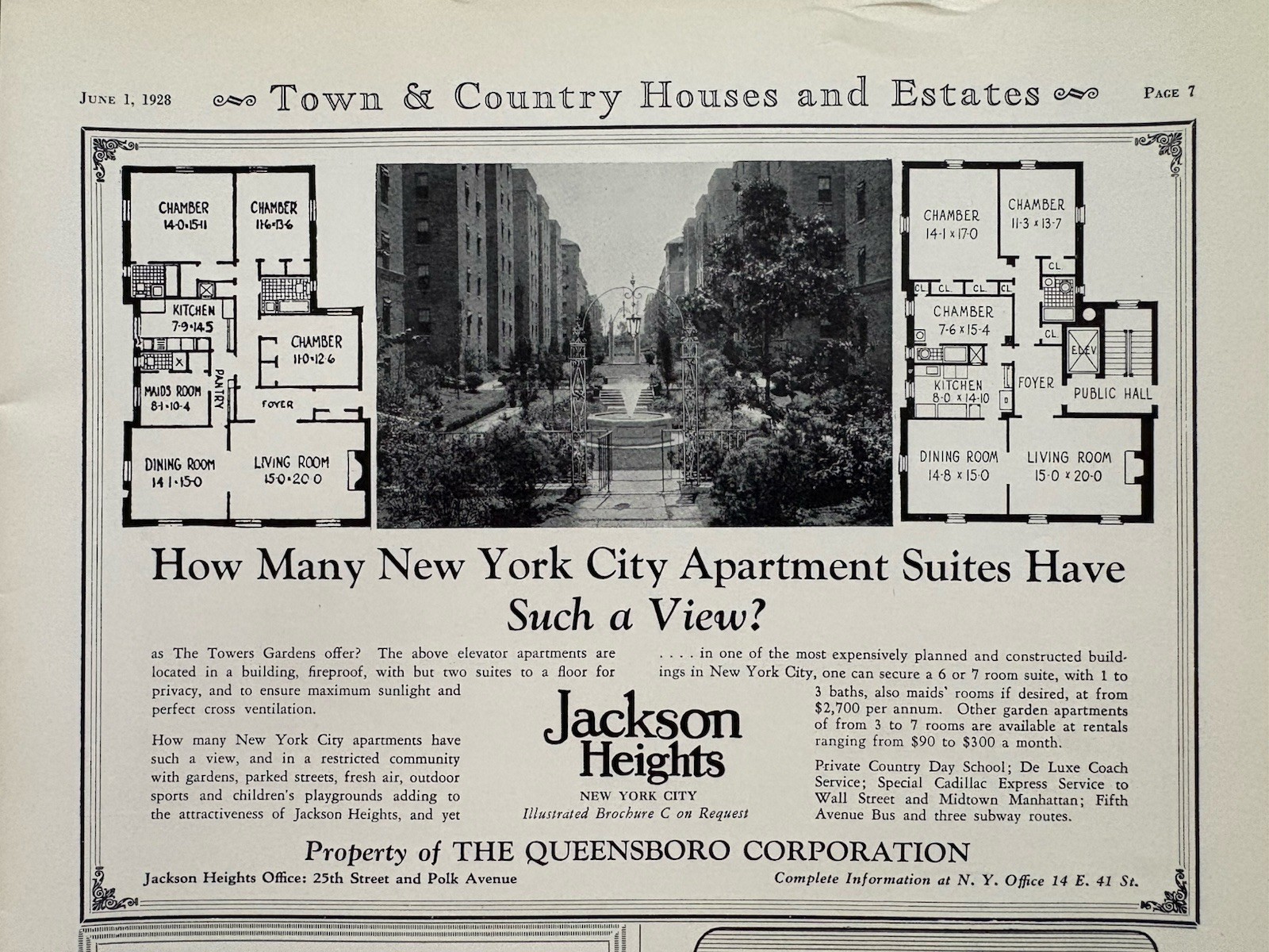 The Towers Jackson Heights New York City Apartment Homes Floor Plans Vtg Ad 1928