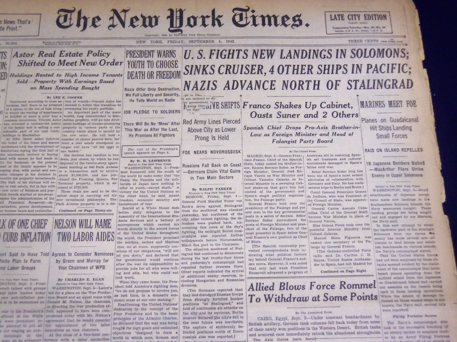 1942 SEPT 4 NEW YORK TIMES – U. S. FIGHTS NEW LANDINGS IN SOLOMONS – NT 1156